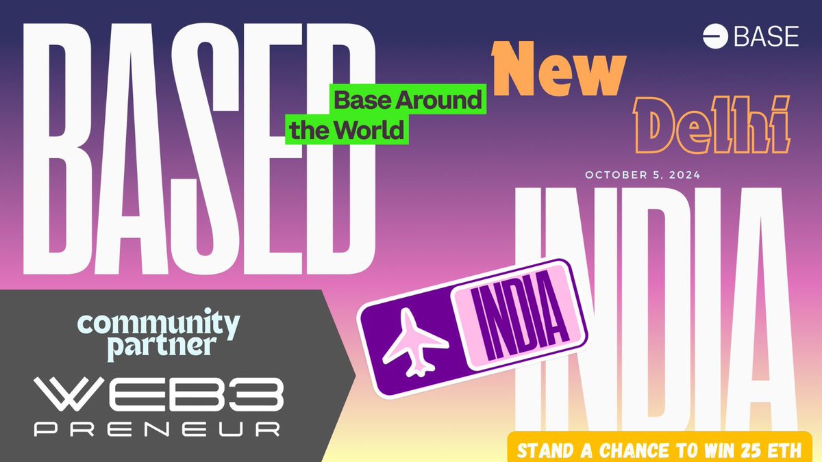 Web3preneur_'s tweet photo. Web3Preneur is excited to partner with Base for their upcoming hackathon in New Delhi! Join us for Base Around The World - Based India Hack Day on October 5th from 4 PM to 7 PM.
RSVP now for free! https://t.co/vi9Xh1xYn4
@basedindia_
#Web3Preneur #Base #Hackathon #India #Web3 #Blockchain #Build