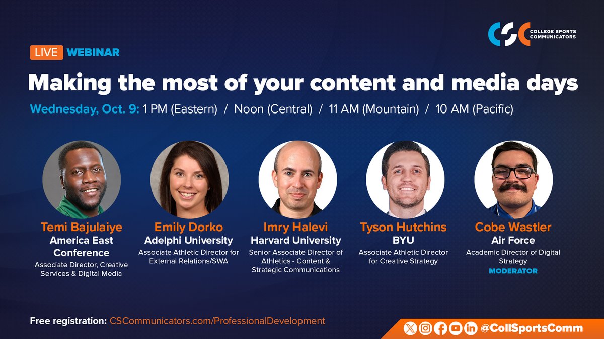 Join <a href="/Temibaj/">Temi Baj</a>, <a href="/EmilyDorko1/">Emily Dorko</a>, <a href="/imryh/">Imry Halevi</a>, <a href="/tysonhutchins_/">Tyson Hutchins</a>, and <a href="/CWastler/">Cobe Wastler</a> as they discuss how best to create a sports media day with structure, organization and best practice suggestions to make your media day planning and execution be more efficient and productive.

Pre-register now