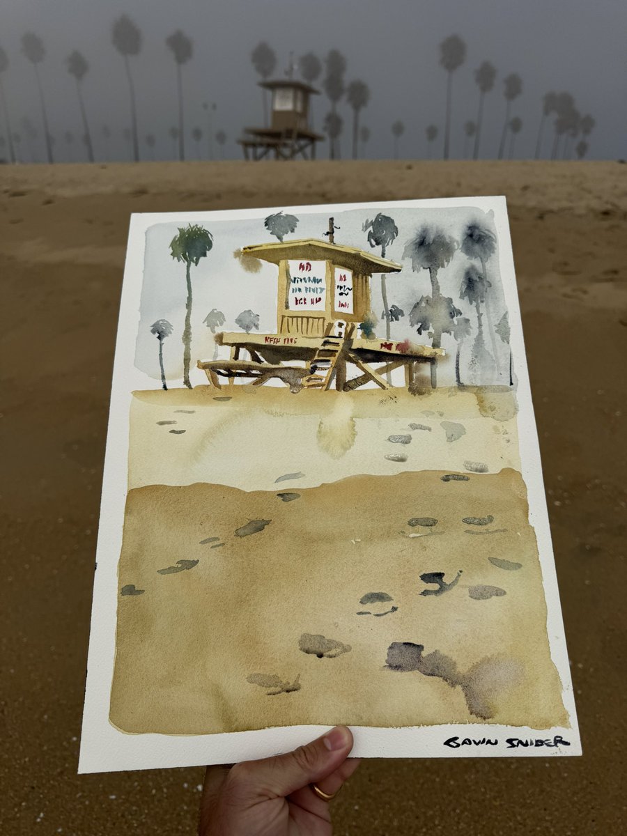 Waiting for the fog to lift on Balboa Beach. I finished painting Lifeguard Tower B as the morning mist burnt off in the afternoon sun.