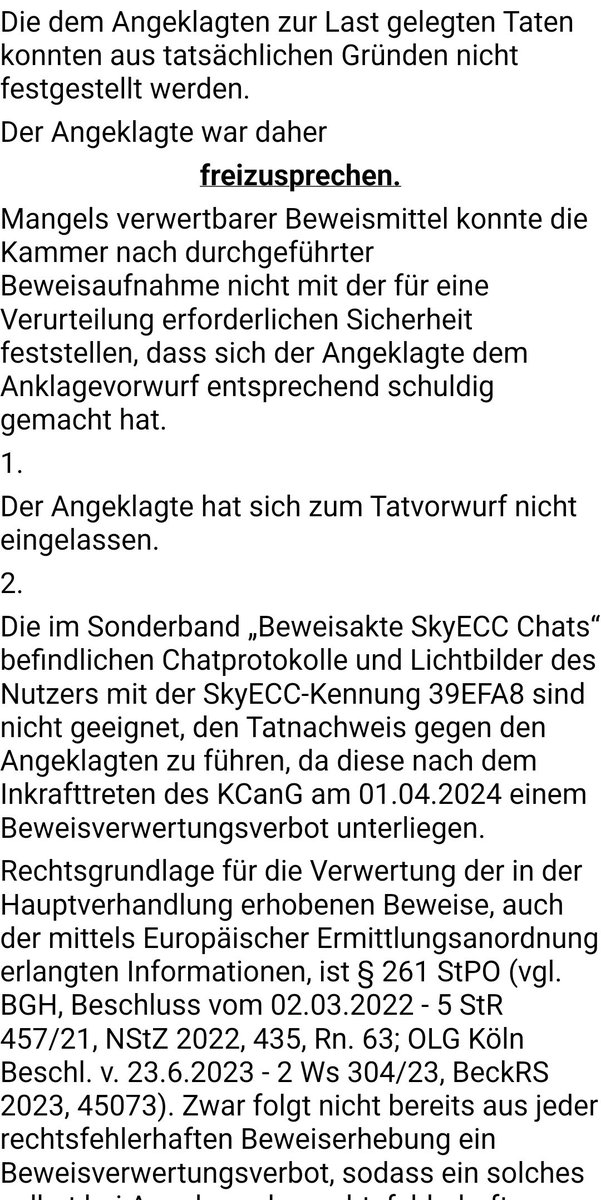 PschorrSimon's tweet photo. LG Saarbrücken, Beschluss vom 3.6.2024 - 4 KLs 16/24, juris: Freispruch mangels Beweisen wegen Unverwertbarkeit von SkyECC bei Cannabisverfahren. https://t.co/LN3KxF1qmm