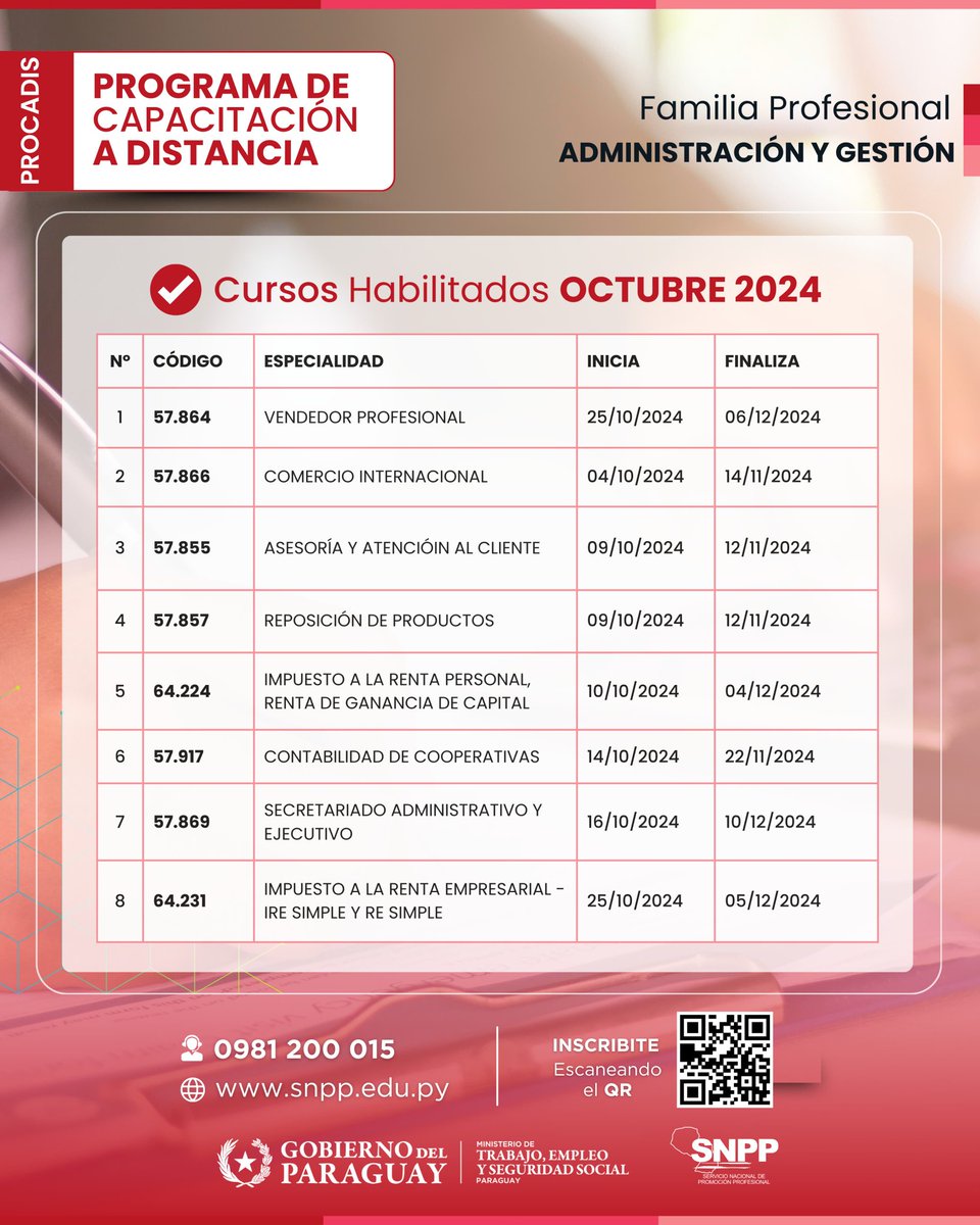 SNPP_Paraguay's tweet image. 👨🏫👩🏫𝘾𝙪𝙧𝙨𝙤𝙨 𝙃𝙖𝙗𝙞𝙡𝙞𝙩𝙖𝙙𝙤𝙨 - Octubre 
👉Modalidad
A DISTANCIA 👨🏻💻👩🏽💻
Sistema E-Learning 
Capacitate con nosotros, desde cualquier punto del país, habilitamos cursos totalmente gratuitos.
Fíjate en nuestro listado agrupados en distintas áreas de capacitación con…