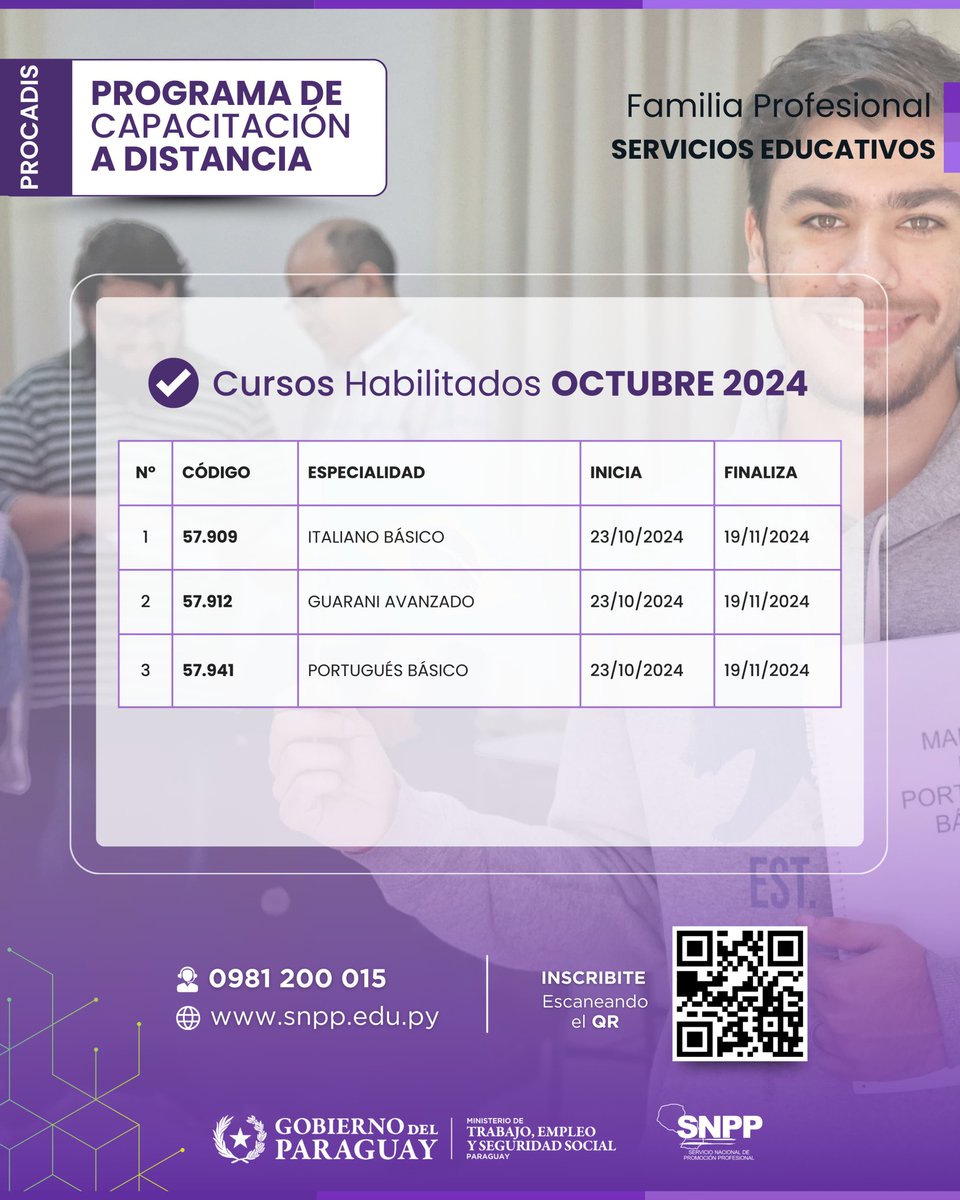 SNPP_Paraguay's tweet image. 👨🏫👩🏫𝘾𝙪𝙧𝙨𝙤𝙨 𝙃𝙖𝙗𝙞𝙡𝙞𝙩𝙖𝙙𝙤𝙨 - Octubre 
👉Modalidad
A DISTANCIA 👨🏻💻👩🏽💻
Sistema E-Learning 
Capacitate con nosotros, desde cualquier punto del país, habilitamos cursos totalmente gratuitos.
Fíjate en nuestro listado agrupados en distintas áreas de capacitación con…
