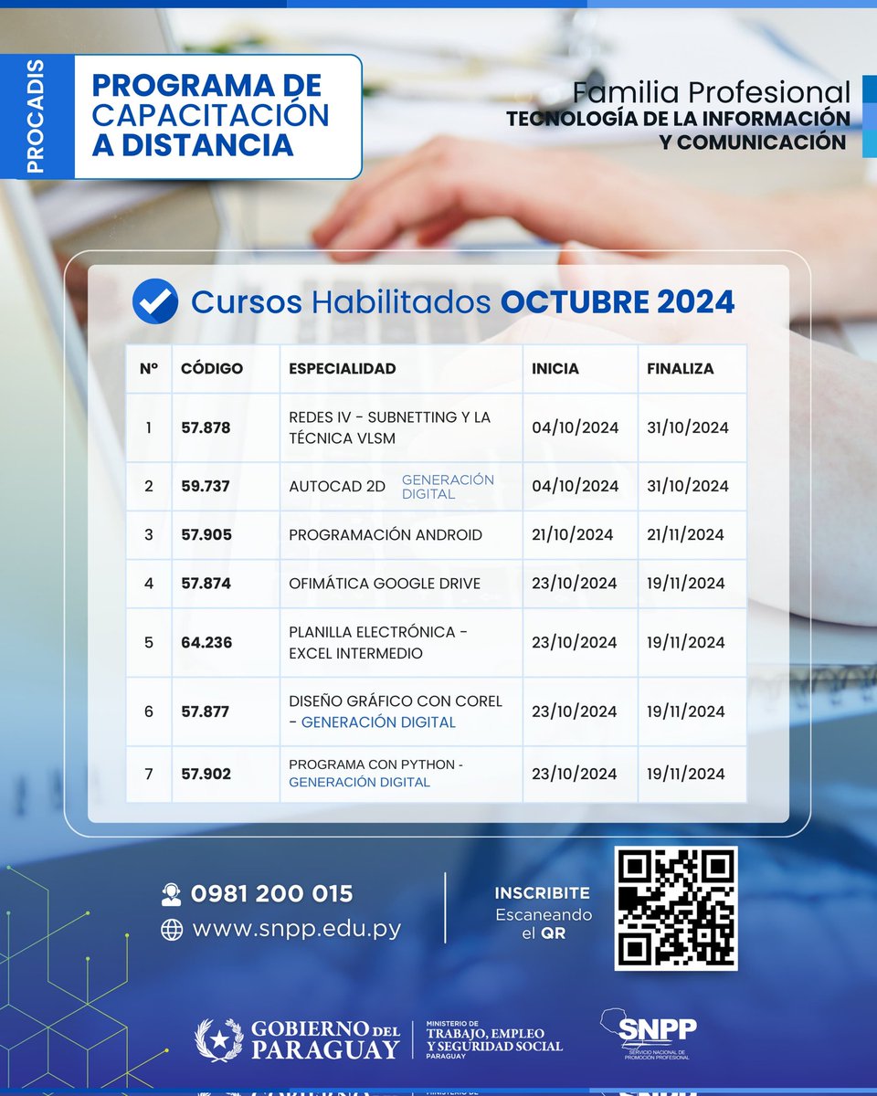 SNPP_Paraguay's tweet image. 👨🏫👩🏫𝘾𝙪𝙧𝙨𝙤𝙨 𝙃𝙖𝙗𝙞𝙡𝙞𝙩𝙖𝙙𝙤𝙨 - Octubre 
👉Modalidad
A DISTANCIA 👨🏻💻👩🏽💻
Sistema E-Learning 
Capacitate con nosotros, desde cualquier punto del país, habilitamos cursos totalmente gratuitos.
Fíjate en nuestro listado agrupados en distintas áreas de capacitación con…