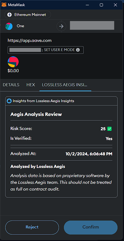Have you tried Aegis Snap yet?

Verify any smart contract directly in your MetaMask wallet. 

Boost your Web3 safety by scanning contracts before interacting, ensuring secure and risk-free transactions, swaps, claims, and mints.

Just 1 click to set up👇 
aegis.lossless.io/snap