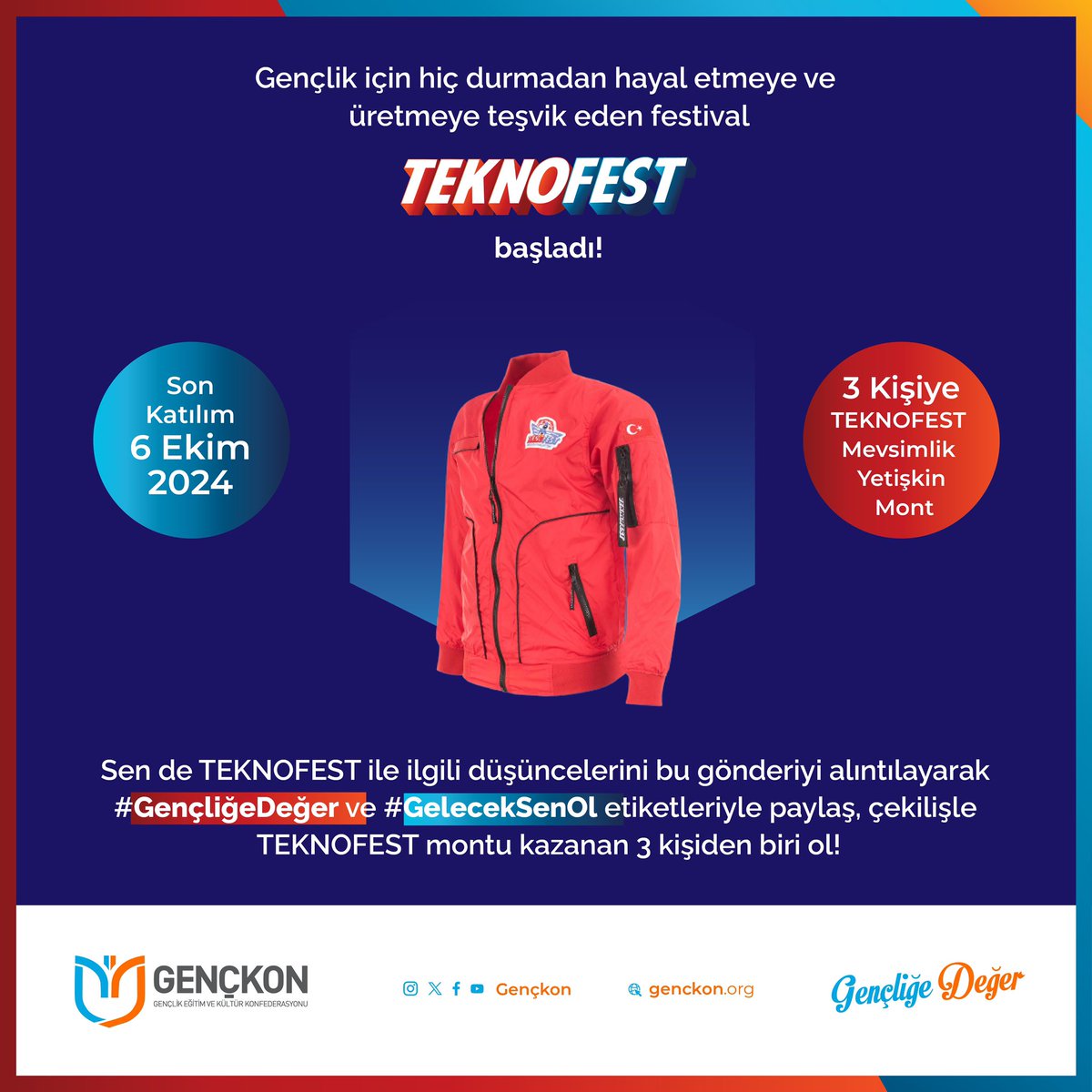 Gençlik için hiç durmadan hayal etmeye ve üretmeye teşvik eden festival #TEKNOFEST ile ilgili duygularını bu gönderiyi alıntılayarak #GençliğeDeğer ve #GelecekSenOl etiketleriyle paylaş, çekilişle Teknofest montu kazanan 3 kişiden biri de sen ol 🚀