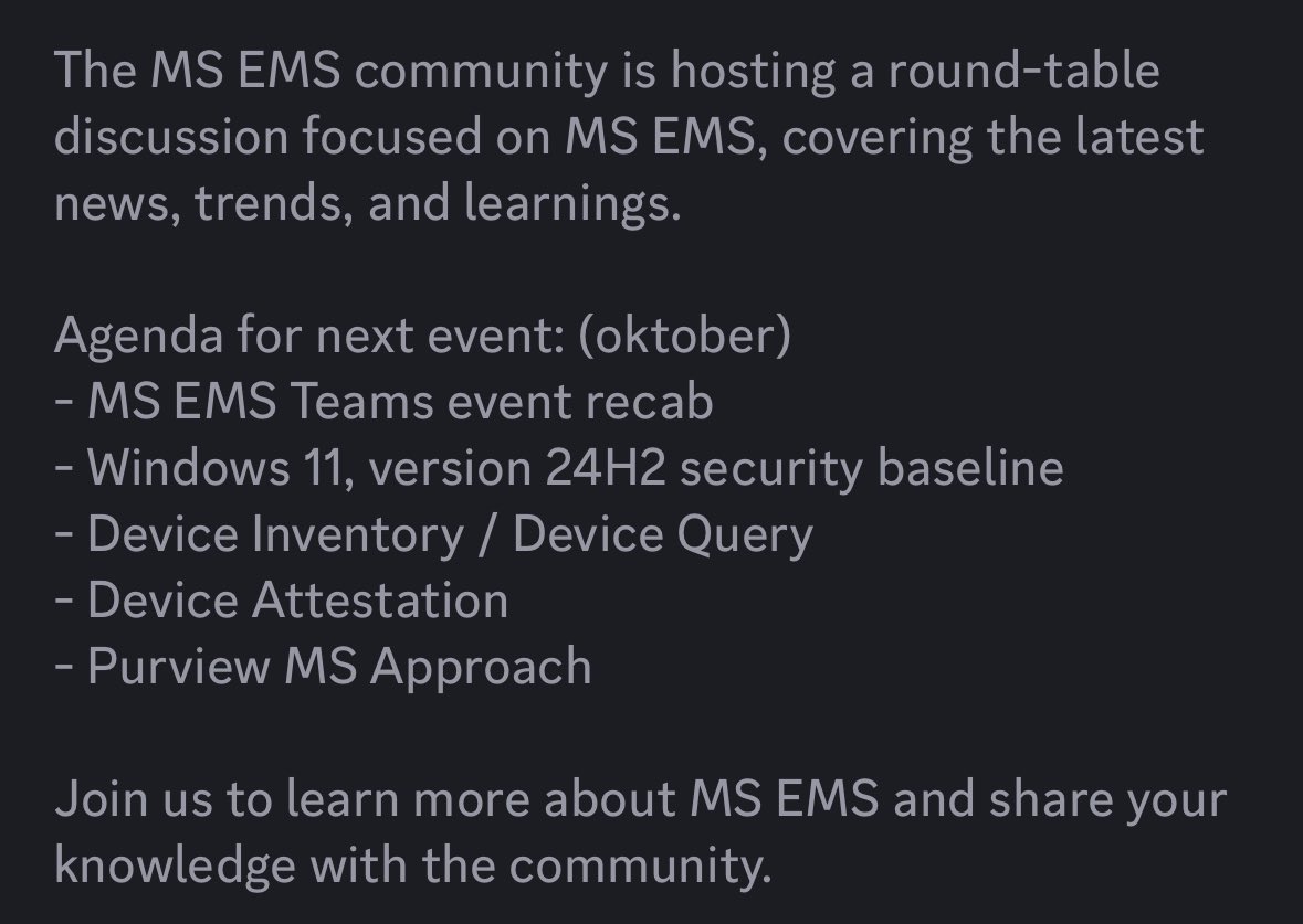 Mister_MDM's tweet photo. In 2 hours a new EMS cloud hour round table session is going to be hosted on discord
When looking at the topics that are going to be discussed, such as #deviceinventory #deviceattestation its going to be a lovely round table session
Want to join? Well please do :)
https://t.co/Fw47ws1TOx
#intune #msintune #windows