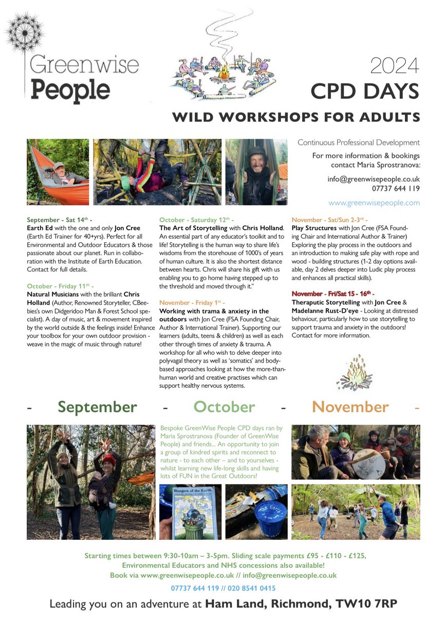 Autumn 🍂 has officially landed and here is a mini outline of all our GreenWise People #Wild #Workshops for #adults aka #CPD offerings at the magical Ham Lands Nature Reserve in Richmond, SW #London 
🌳Registrations are via: bit.ly/47Lv0d4
🌳 greenwisepeople.co.uk