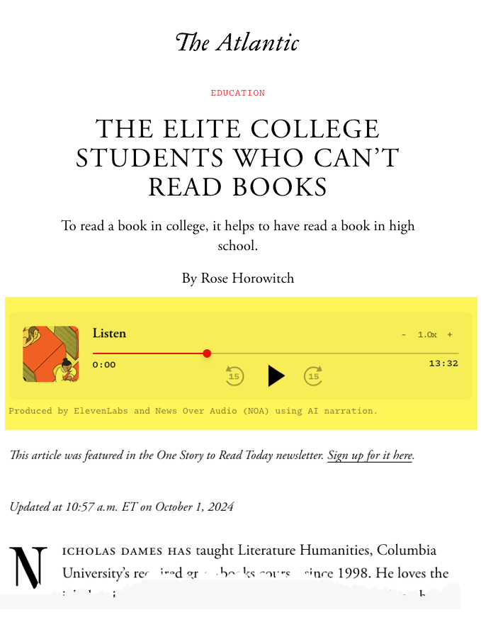 mike_flynn's tweet photo. @jean_twenge I def. felt awkward "listening" to this @Atlantic article about students who can't read books 🙃 -- but my sense is these alt formats/tools/aids are also a factor at play! https://t.co/zdTvHju5r5