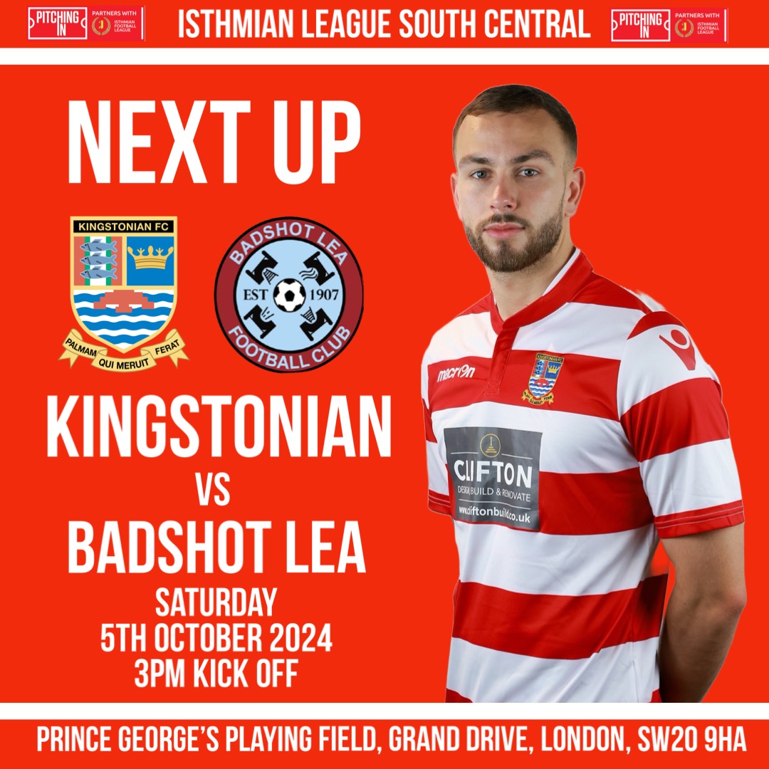 KingstonianFC's tweet photo. After a good win in the Surrey Cup last night we are back in League action this weekend.

🆚 @BLFC1907 
🏆 Isthmian League South Central 
🗓️ 5th October 
🏟️ Prince Georges Playing Fields 
💷 £10 adults, £6 seniors 60 and over, £6 carers, £4 students, Under 18s free https://t.co/dpy7rYGzC4