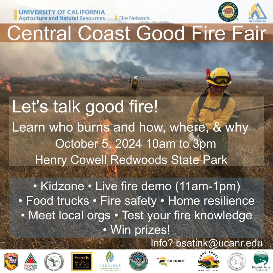Friends of Santa Cruz State Parks (@thatsmypark) on Twitter photo Attend the Central Coast Good Fire Fair & demonstration burn this Sat. (Oct 5) at Henry Cowell Redwoods at 10 am. This event is dedicated to understanding the role of fire in CA's ecosystems, promoting fire safety & celebrating cultural practices around controlled burns.
(1/3) Attend the Central Coast Good Fire Fair & demonstration burn this Sat. (Oct 5) at Henry Cowell Redwoods at 10 am. This event is dedicated to understanding the role of fire in CA's ecosystems, promoting fire safety & celebrating cultural practices around controlled burns.
(1/3)