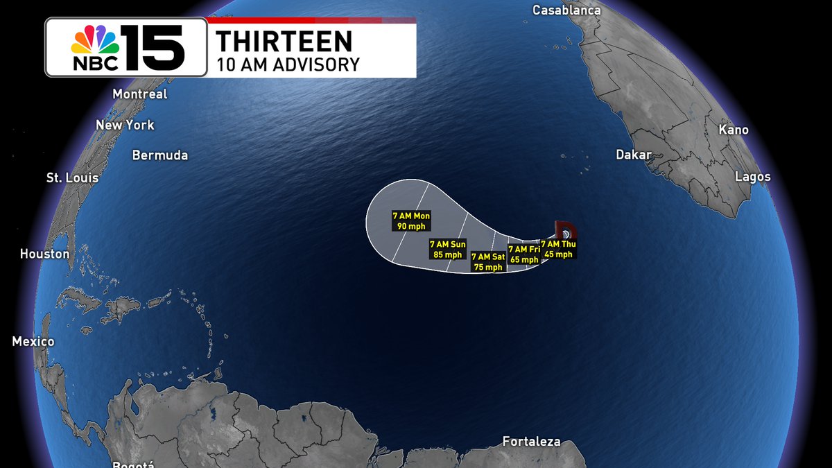 ThomasGeboyWX's tweet image. New Tropical Depression #Thirteen forms in the E Atlantic SW of the Cabo Verde Islands. It could become Tropical Storm #Leslie tonight &amp;amp; #hurricane by this weekend.  mynbc15.com/weather
