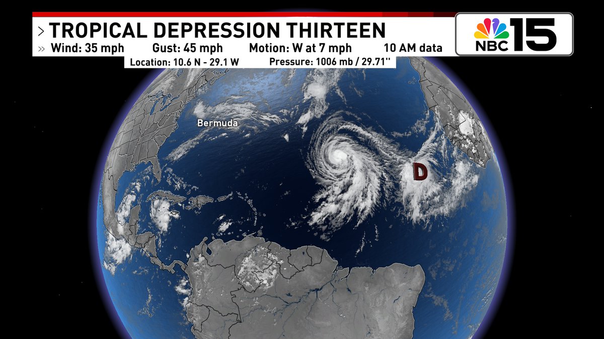 ThomasGeboyWX's tweet image. New Tropical Depression #Thirteen forms in the E Atlantic SW of the Cabo Verde Islands. It could become Tropical Storm #Leslie tonight &amp;amp; #hurricane by this weekend.  mynbc15.com/weather