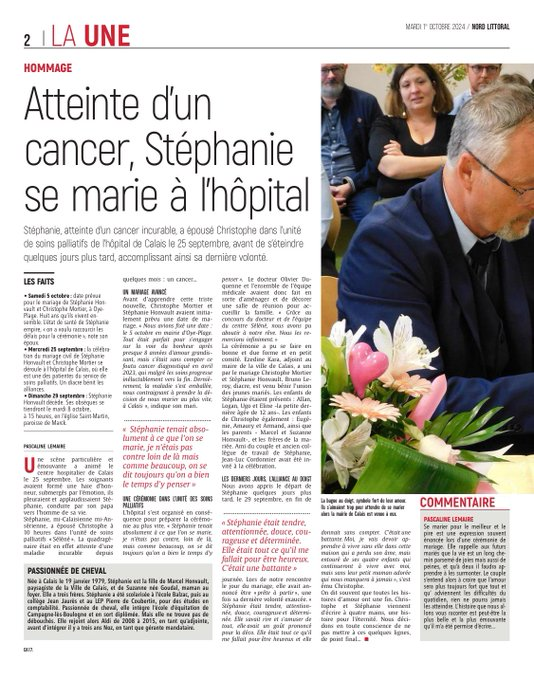 mauricedecroix's tweet photo. [#Presse]Les correspondant(e)s locaux de presse régionale ont du talent. Ainsi Pascaline Lemaire qui signe une double page dans @Nordlitt sur un sujet émouvant : le mariage de Stéphanie à l'unité de soins palliatifs de #Calais, 4 jours avant de s'éteindre . Ça mérite un prix #PQR https://t.co/0UoWJkr6ET