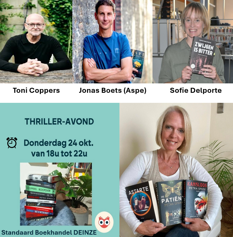 🚨 Op 24 oktober ben ik op de Thrilleravond in Standaard Boekhandel Deinze met <a href="/tonicoppers/">Toni Coppers</a>, <a href="/jonasboets/">jonas boets</a> (Aspe) en Sofie Delporte! 📚✨

Wil je me ontmoeten? Meld je gratis aan via SB Deinze (09 386 09 02).

Zien we elkaar daar? 🎉#KANSLOOS #Thrilleravond #Boekevent #Thriller