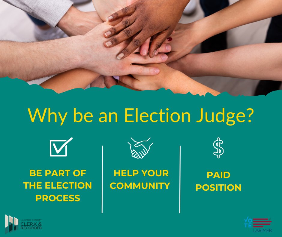 Larimer_Clerk's tweet photo. Become an Election Judge! 🗳️ There are numerous rewarding reasons to serve your community in this vital role. Visit https://t.co/8HTBsxrc0L to fill out an application today! #Election2024 #ElectionJudge #LarimerCounty https://t.co/64NInSELNc