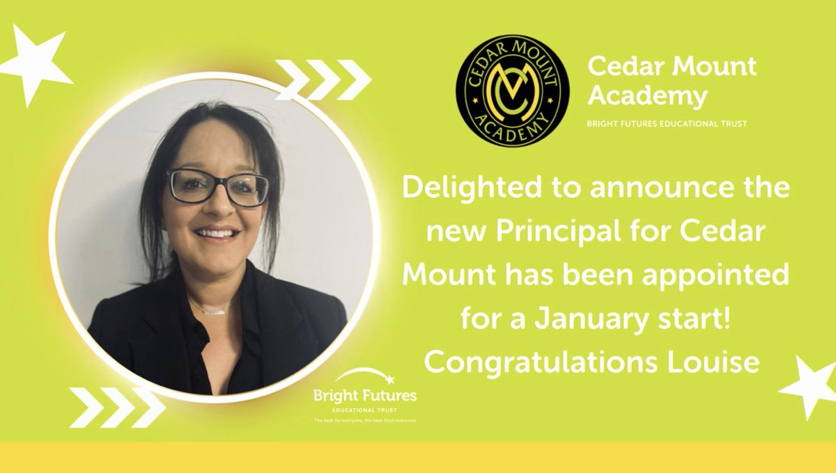 BrightFuturesET's tweet photo. We are delighted to share the news that we have made a really strong appointment to the role of Principal at Cedar Mount Academy.

Louise Jaunbocus-Cooper joins in January ⭐

Read more here: https://t.co/FakcjZ5uwu

#WeAreBrightFutures #TrustLeader @louise_mixed @cedarmount_bf https://t.co/5OmtjPM3AP