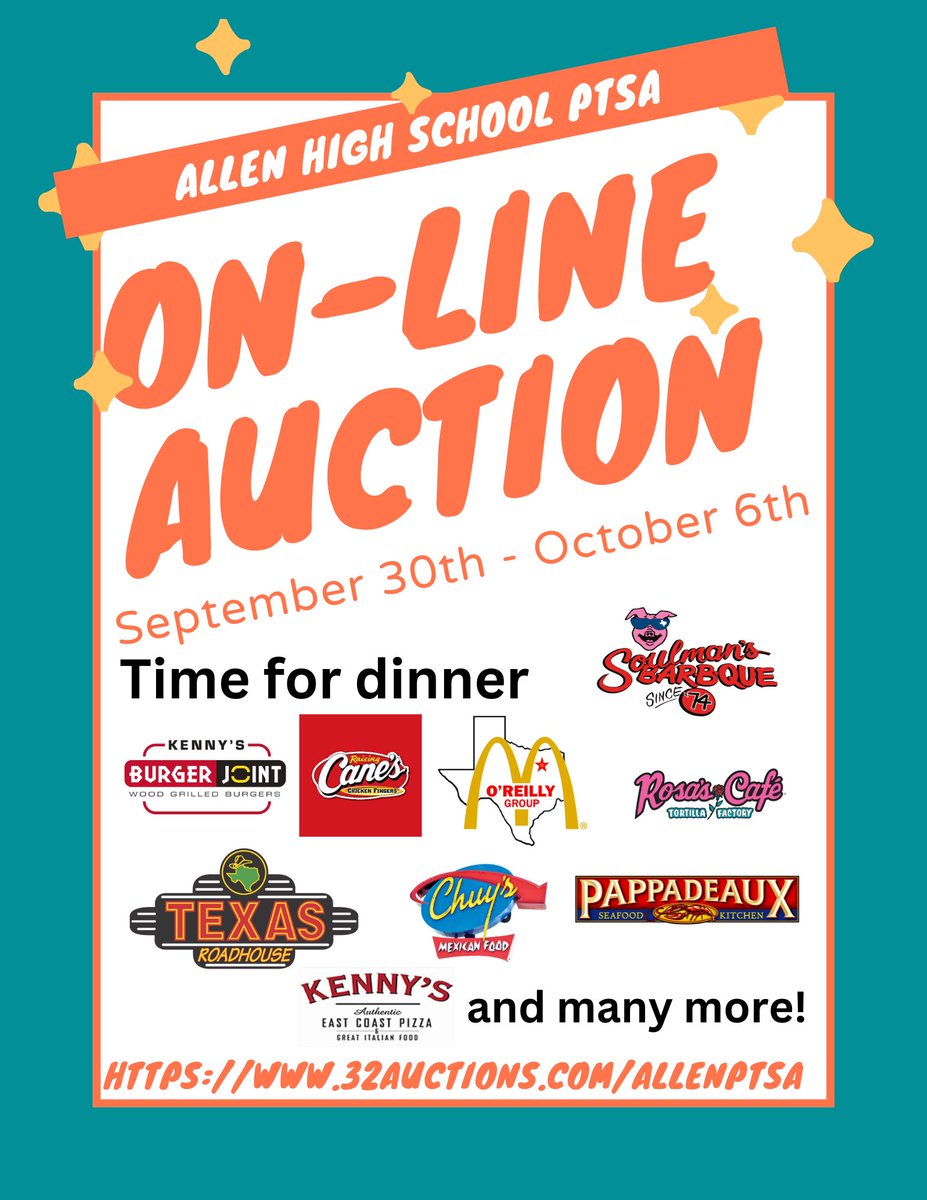 AHS LFC PTSA (@allenptsa) on Twitter photo Time for dinner! We have so many great restaurants in Allen that are supporting our auction with gift cards and baskets. Why cook?
32auctions.com/AllenPTSA
<a href="/AllenHS_Eagles/">Allen High School</a> <a href="/LFCEagles/">LFCEagles</a> <a href="/AllenSTEAM/">Allen STEAM Center</a>
<a href="/TheAHS_STUCO/">AHS Student Council</a> Time for dinner! We have so many great restaurants in Allen that are supporting our auction with gift cards and baskets. Why cook?
32auctions.com/AllenPTSA
<a href="/AllenHS_Eagles/">Allen High School</a> <a href="/LFCEagles/">LFCEagles</a> <a href="/AllenSTEAM/">Allen STEAM Center</a>
<a href="/TheAHS_STUCO/">AHS Student Council</a>