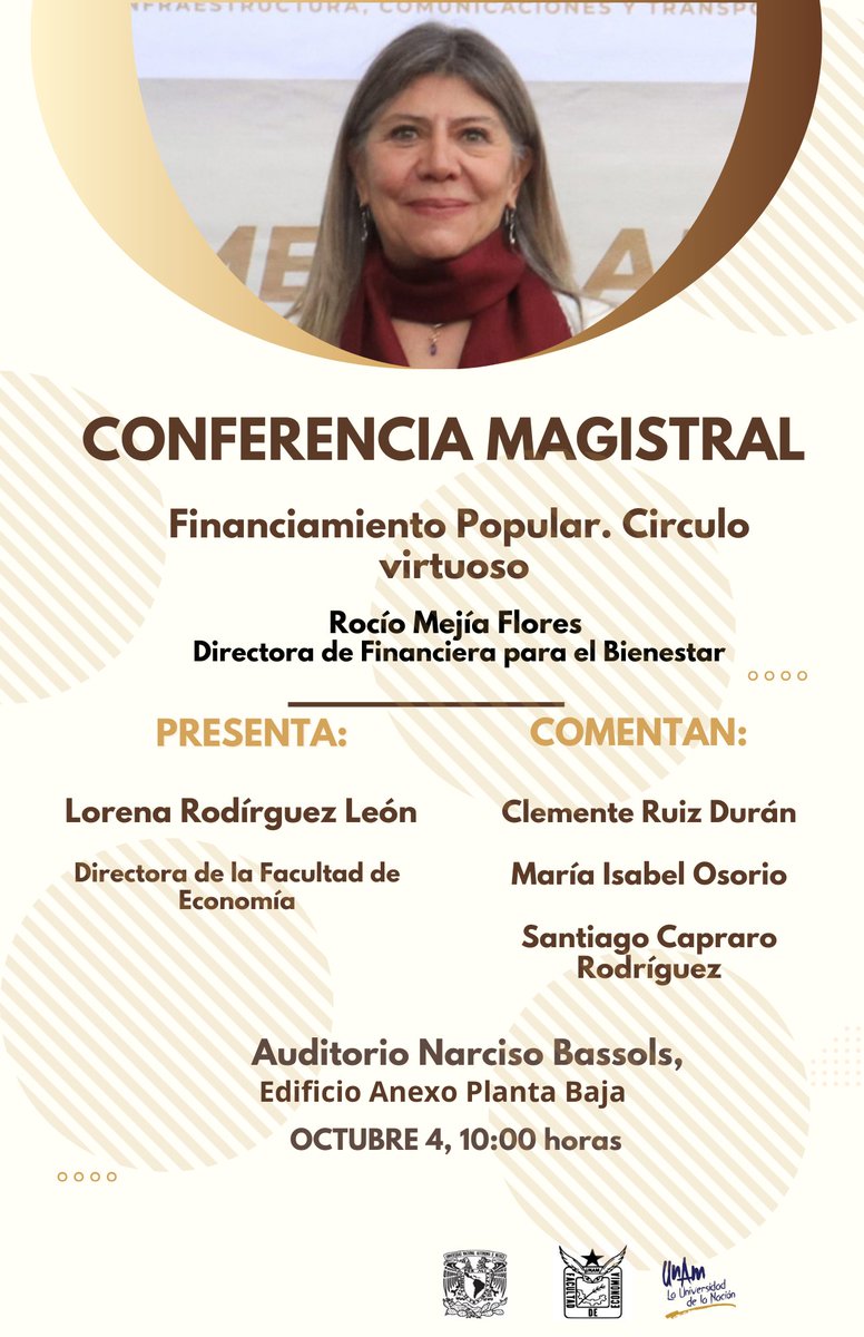 EconomíaUNAM oficial (@feconomiaunamof) on Twitter photo Te esperamos mañana en la #ConferenciaMagistral con Rocío Mejía Flores. Directora de Financiera para el Bienestar
⏰ 10:00 horas
📍Auditorio Narciso Bassols
<a href="/depfeunam/">DEPFE UNAM</a> <a href="/suayedEconomia/">SUAyED Economía UNAM</a> <a href="/pueeunam/">PUEE UNAM</a> Te esperamos mañana en la #ConferenciaMagistral con Rocío Mejía Flores. Directora de Financiera para el Bienestar
⏰ 10:00 horas
📍Auditorio Narciso Bassols
<a href="/depfeunam/">DEPFE UNAM</a> <a href="/suayedEconomia/">SUAyED Economía UNAM</a> <a href="/pueeunam/">PUEE UNAM</a>