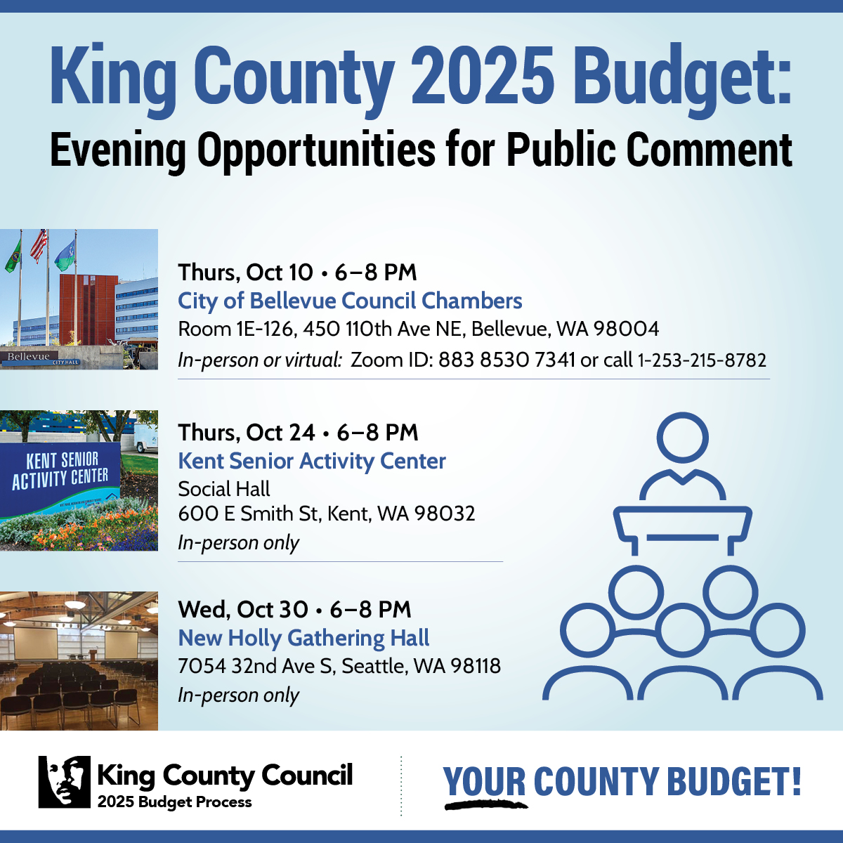 CM Dave Upthegrove (@cmupthegrove) on Twitter photo During the creation of next year's County budget we need to hear from you about what you believe the priorities for the budget should be.
October 24th join us in-person at the Kent Senior Activity Center (600 E Smith St, Kent) to voice your opinions! During the creation of next year's County budget we need to hear from you about what you believe the priorities for the budget should be.
October 24th join us in-person at the Kent Senior Activity Center (600 E Smith St, Kent) to voice your opinions!
