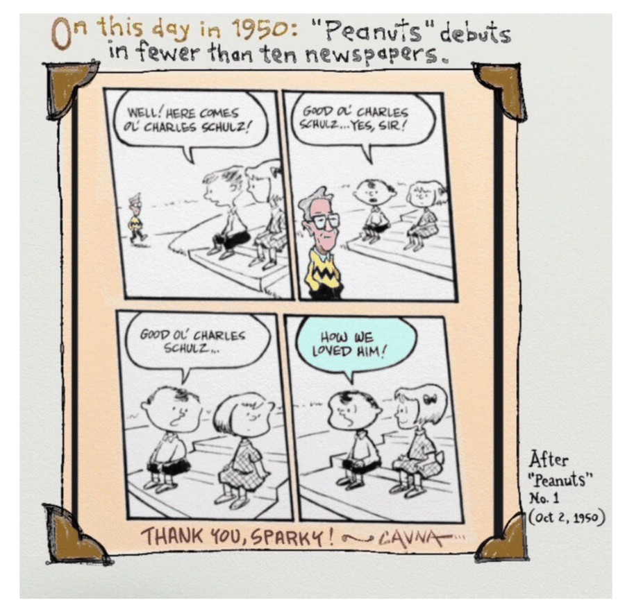 DalePederson's tweet photo. #WednesdayThought from #today's #cartoonist Michael Cavna in his #comic "Warped" is a #paean for the #debut of "Peanuts" by Charles Schulz on Monday, October 2, 1950 starting #small but it became a #big deal
#GoodLuck if #starting a #business on this #auspicious date of October 2 https://t.co/BvjJk6juGW