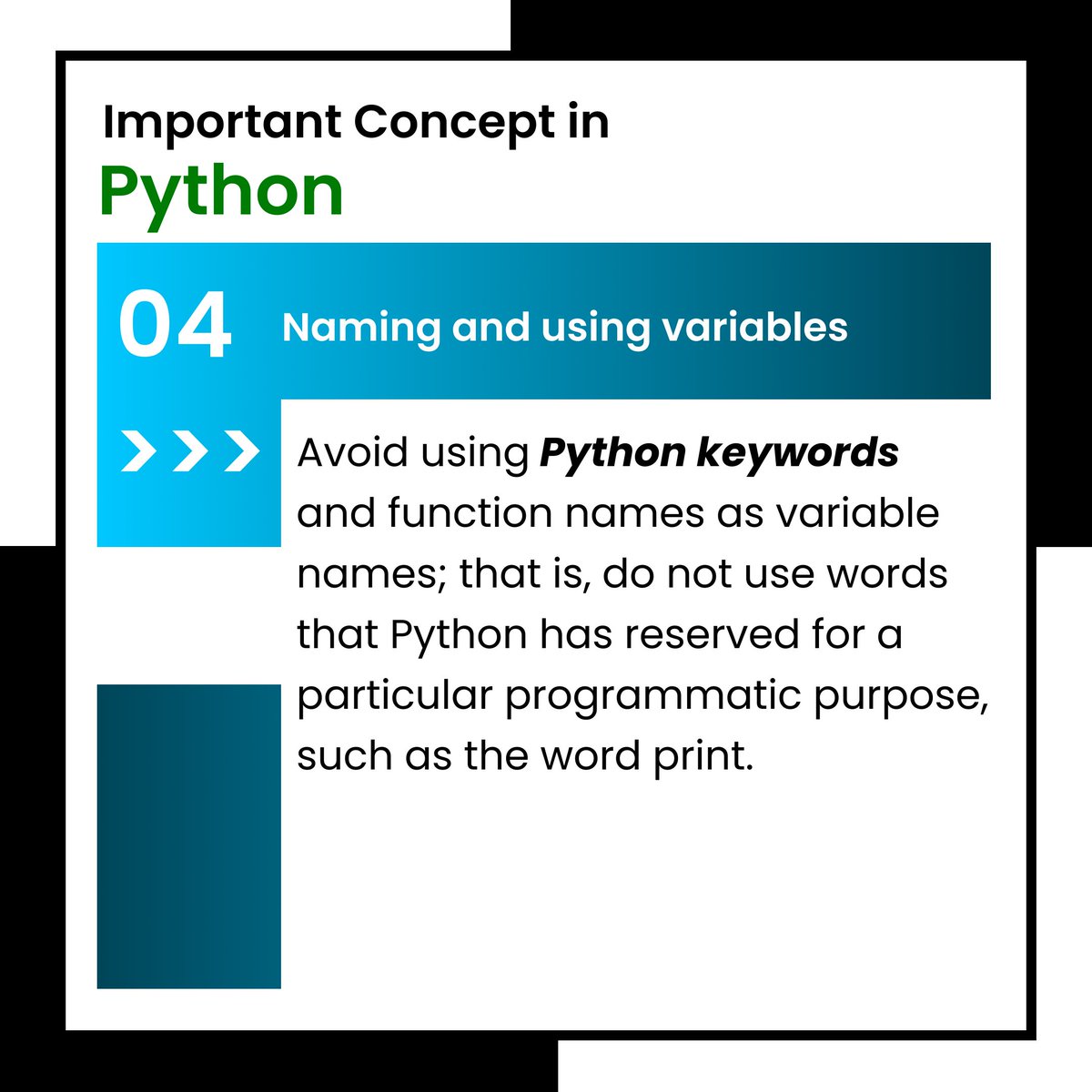 codedropp's tweet image. Hello Python learners! 👩💻👨💻
Here are some basic but important reminders: sometimes the simplest things can lead to errors that are hard to track down 🐛🔍. To prevent bugs in Python, following these rules and guidelines can be really helpful 🛠️💡.
#python #coding