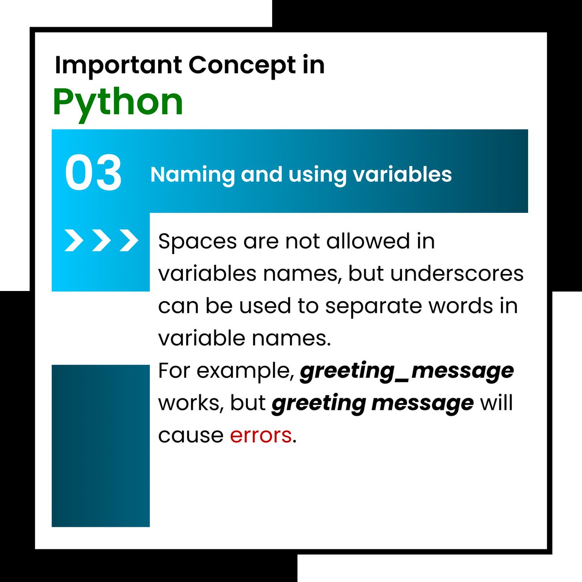 codedropp's tweet image. Hello Python learners! 👩💻👨💻
Here are some basic but important reminders: sometimes the simplest things can lead to errors that are hard to track down 🐛🔍. To prevent bugs in Python, following these rules and guidelines can be really helpful 🛠️💡.
#python #coding