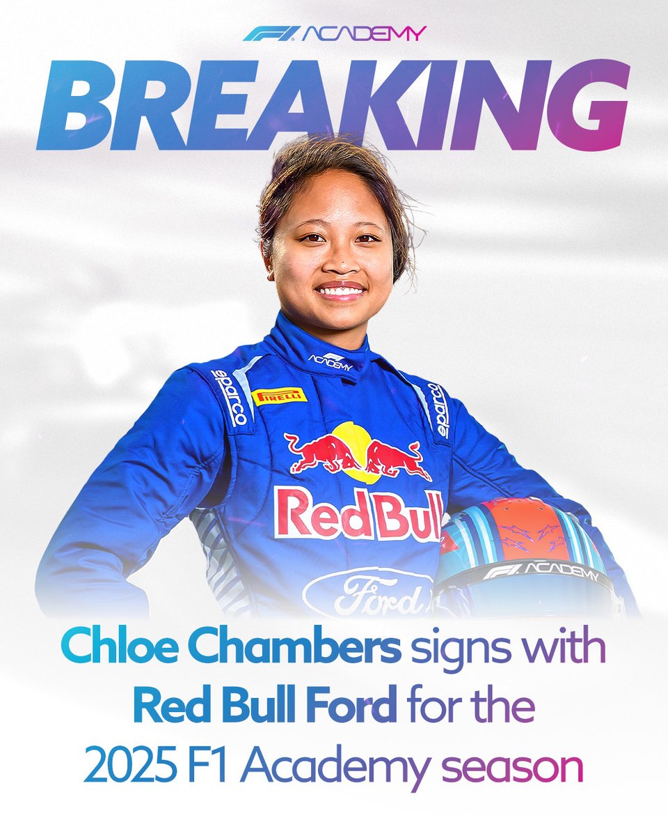 🚨 BREAKING: Chloe Chambers becomes the first confirmed F1 Academy driver for the 2025 season as she signs with @FordPerformance and joins the Red Bull Ford Academy Programme.  

Chloe will also drive in the Red Bull Ford livery for the first time this weekend when she competes