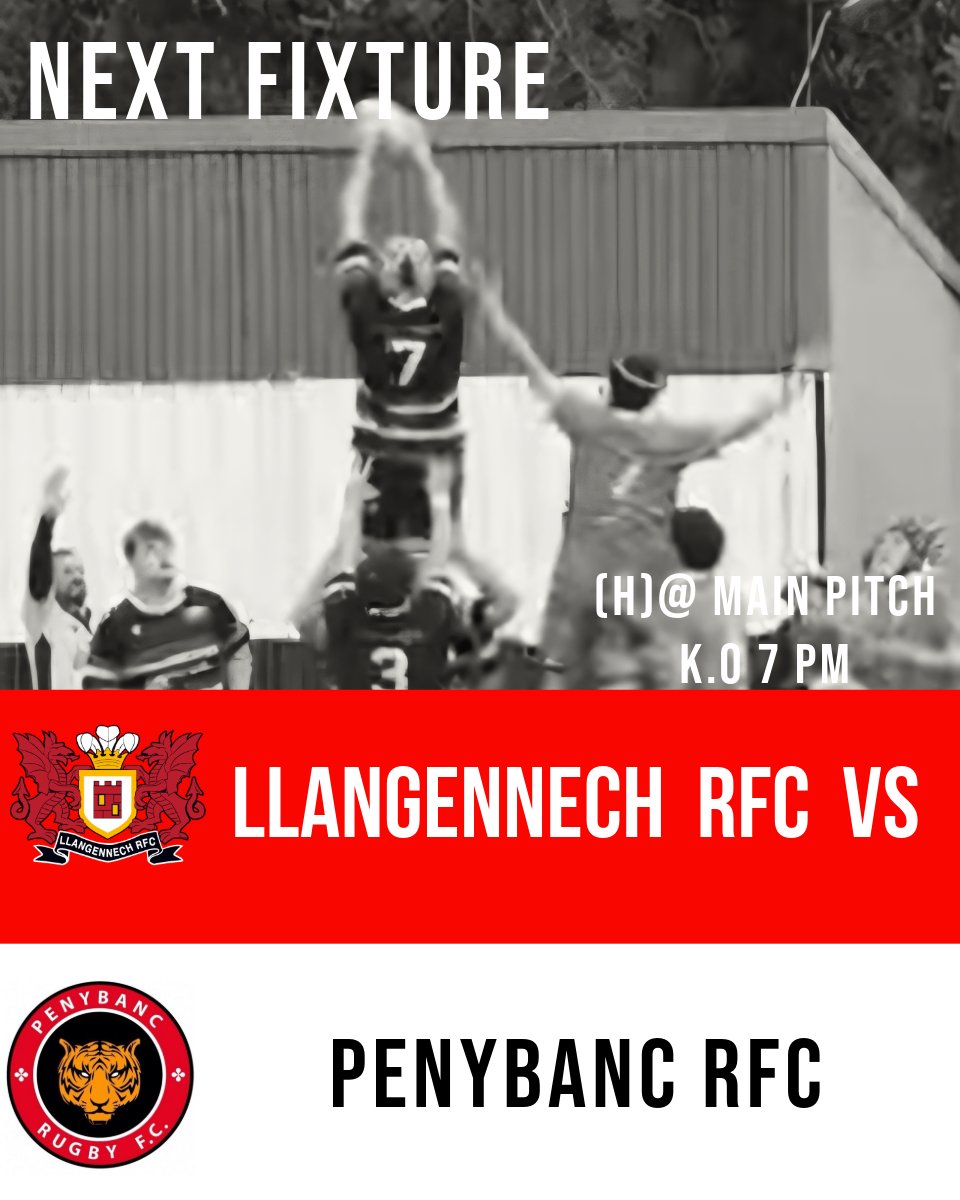 🔴⚫️⚪️ Next Fixture🔴⚫️⚪️

Friday night lights!! Come down and support the boys ⚫️🔴⚪️

🆚 <a href="/Penybanc_Tigers/">Penybanc RFC</a> Youth
🗓️October 4th
⏰7 PM
🏟️Home @ Main Pitch 

#youthrugbyrising #boisyllan🔴⚫️⚪️