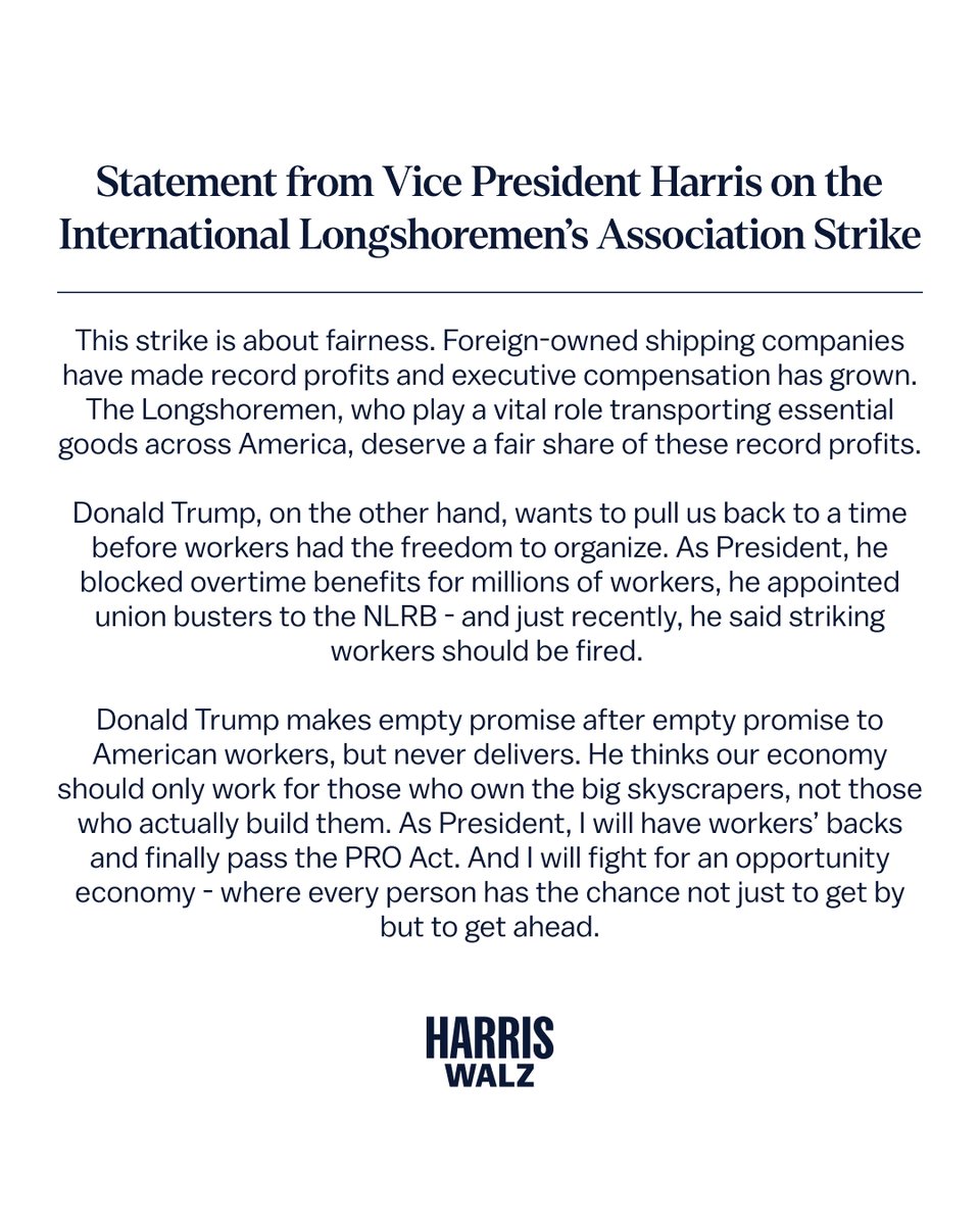 Statement from Vice President Harris on the International Longshoremen’s Association Strike