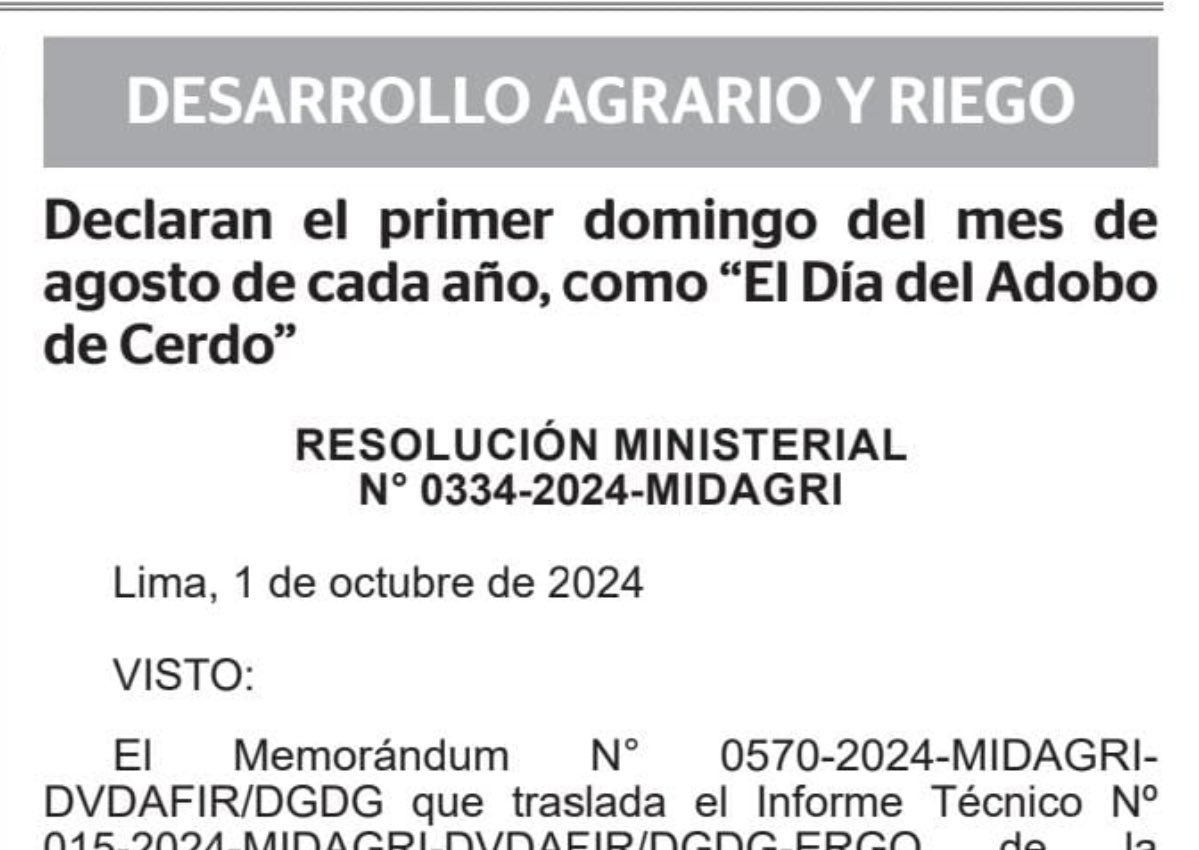 Mientras que el país se debate entre extorsiones, mineros ilegales e incendios, aparece una resolución ministerial que declara “el día del adobo de cerdo”… 
 😶