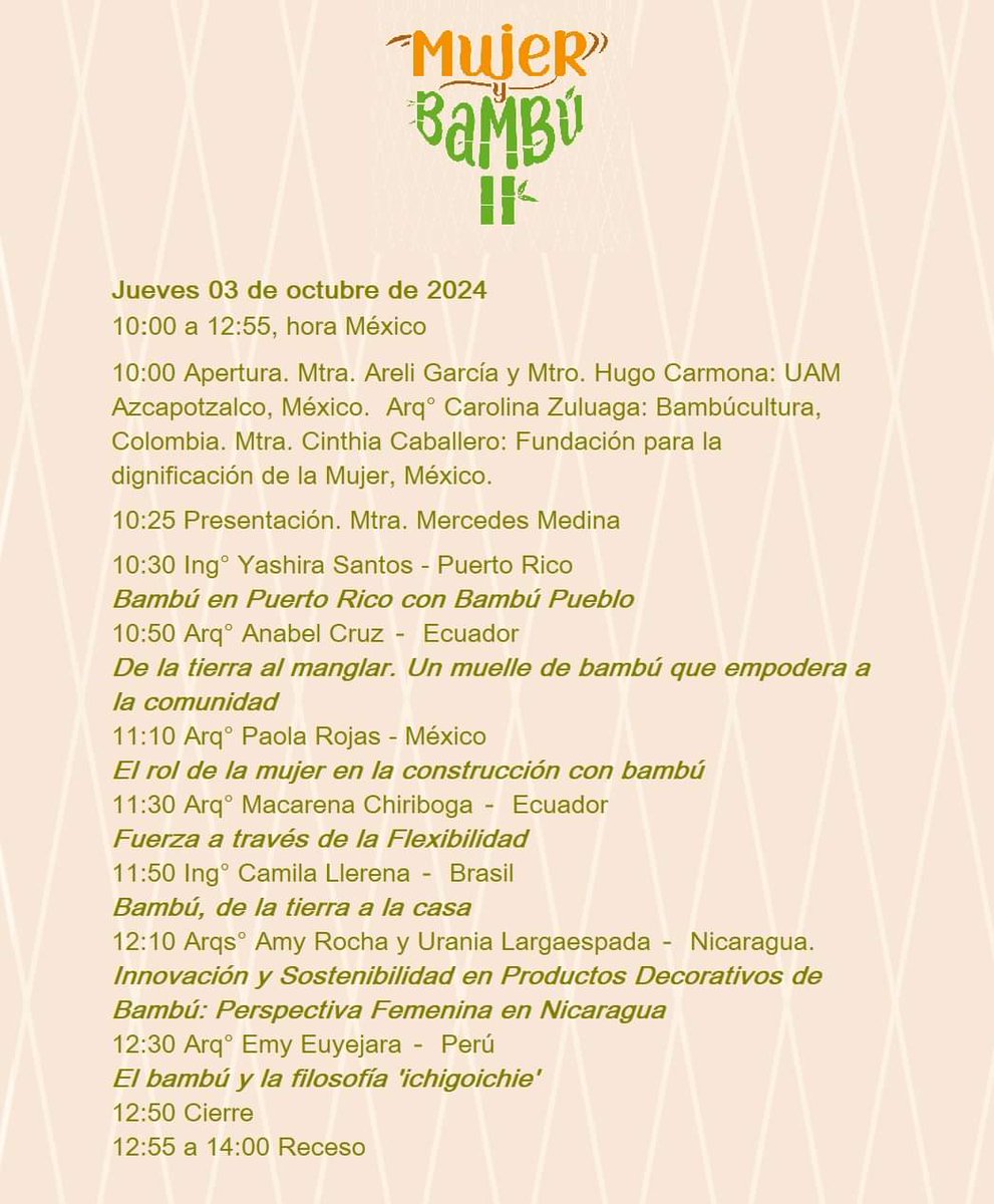 Bambooboardsmx's tweet photo. Estamos muy contentos  de que inicie este gran evento, estaremos presentes junto a expertos en bambú de toda #Latam ✅🎍

No se lo pierdan, mañana 3 de #Octubre2024 a las 10 am hora centro 🇲🇽 #Mexico https://t.co/PikFf4eNL1