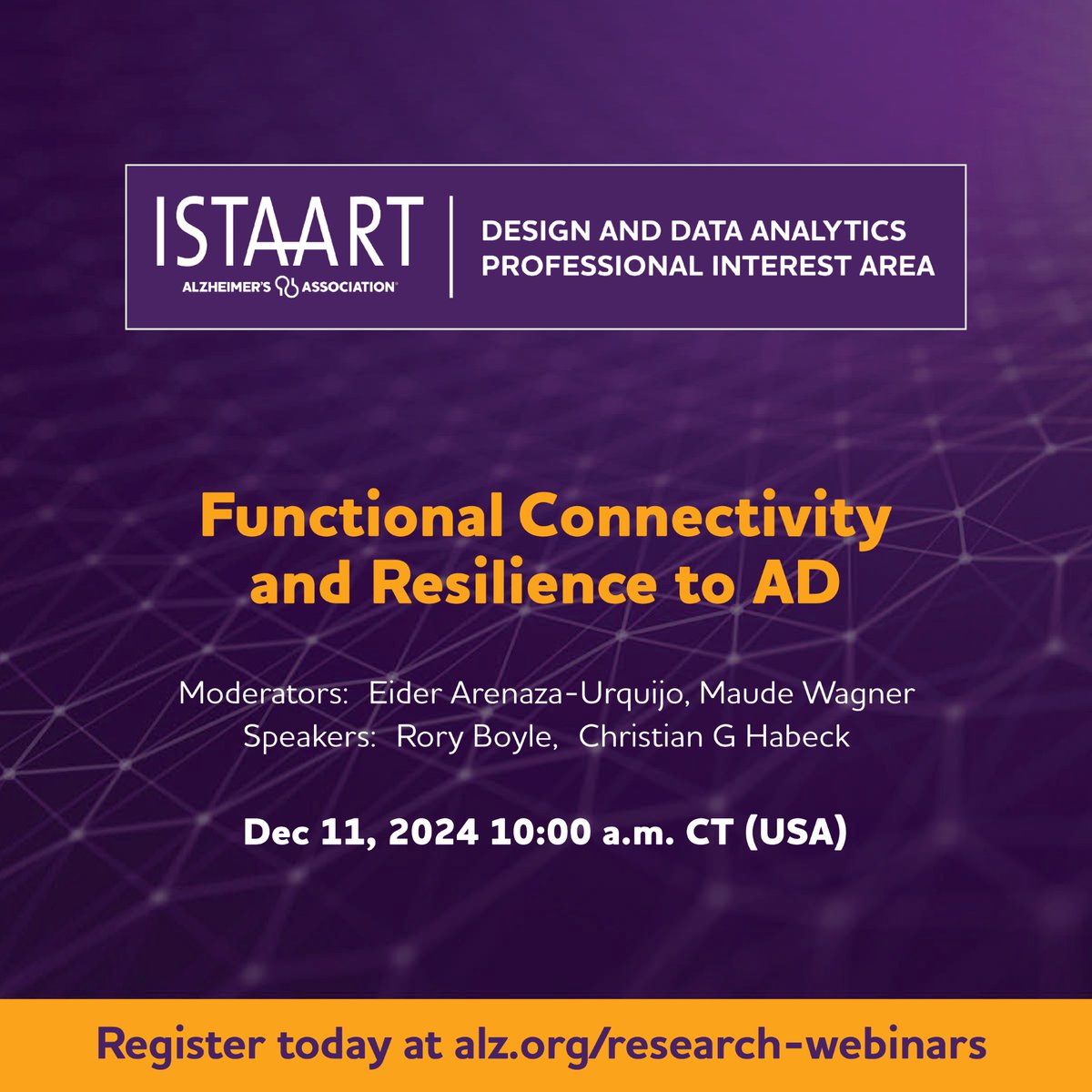 🚨Already excited for the first two #ISTAART joint webinars with <a href="/ReservePIA/">Reserve, Resilience and Protective Factors PIA</a>? Good news—we have a 3rd lined up!📢Join us on Dec 11 10AM CT on functional connectivity🧠with @RoreBole and Dr. Habeck, moderated by <a href="/ArenazaEider/">Eider Arenaza-Urquijo</a> &amp; <a href="/maude_wagner2/">Maude W</a>. Register now: alz.org/research-webin…