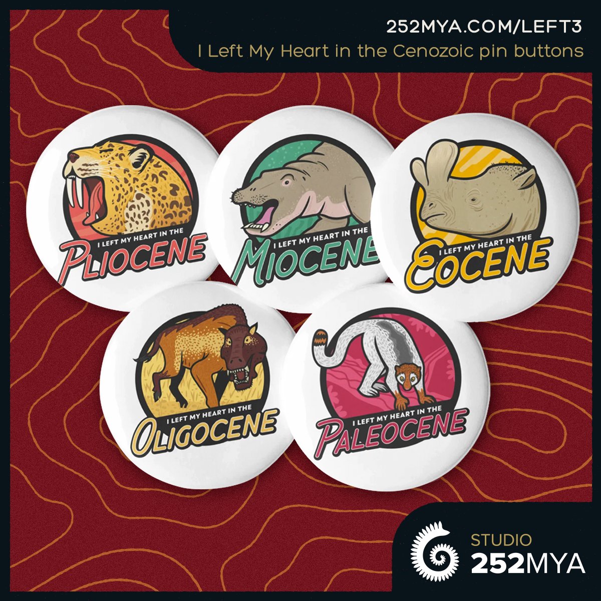 In love with the Cenozoic Era? This set of pins is for you! Show your love for any of the five first periods of the age of mammals.

252mya.com/left3

Art by @anatotitan