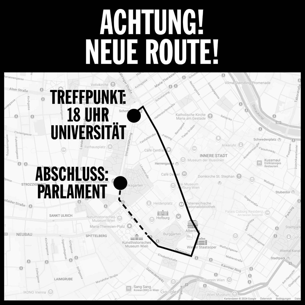 wiederdonnerstag (@immerdonnerstag) on Twitter photo ÄNDERUNG! Route! Route Route!
Wegen Bundesratssitzung gibt es morgen eine gesetzliche Bannmeile ums Parlament. Treffpunkt für die neue Route: 18h vor der Uni am Ring. 
Wir ziehen durch den 1. Bezirk zur Oper und dann den Ring entlang zum Parlament. #wiederdonnerstag ÄNDERUNG! Route! Route Route!
Wegen Bundesratssitzung gibt es morgen eine gesetzliche Bannmeile ums Parlament. Treffpunkt für die neue Route: 18h vor der Uni am Ring. 
Wir ziehen durch den 1. Bezirk zur Oper und dann den Ring entlang zum Parlament. #wiederdonnerstag