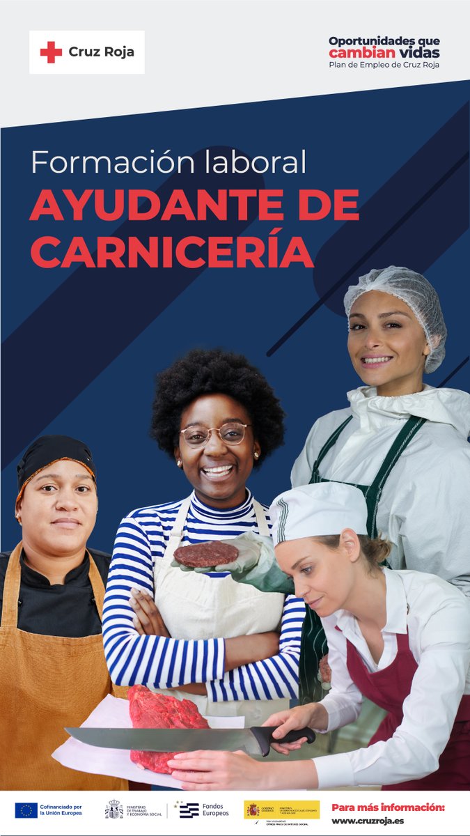 📢¿Quieres formarte como Ayudante de Carnicería? 
Es tu oportunidad en este curso dirigido a mujeres desempleadas de la CAM
Del 17/10 a 14/11/2024 y de 10.00-15.00h
Prácticas en empresas
Interesadas: mfrias@cruzroja.es
Iniciativa financiada por Fondo Social Europeo Plus