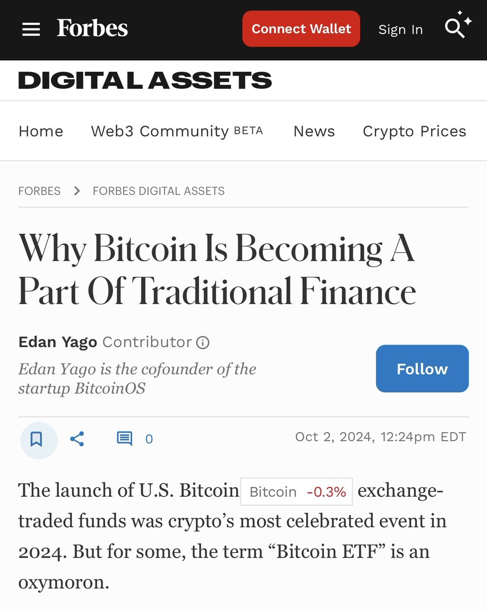 BitcoinMagazine's tweet image. JUST IN: &quot;Why #Bitcoin Is Becoming A Part Of Traditional Finance&quot; published in Forbes 👀