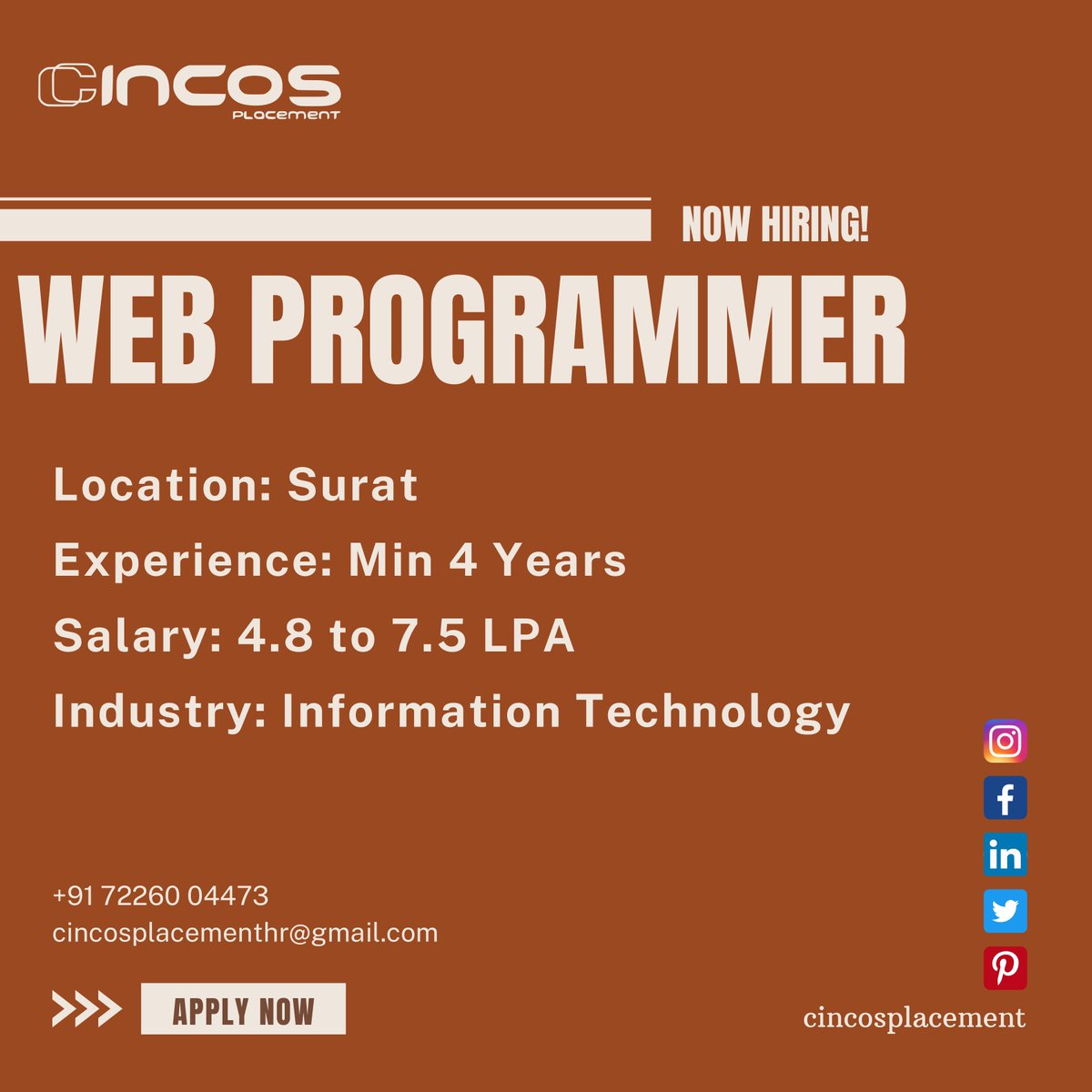 cincosplacement's tweet image. Exciting opportunity for a Web Programmer! Apply now with the best IT placement company in Surat!
Contact Us
Phone : +91 72260 04473
#WebProgrammer #SuratJobs #CodingSkills #Jobs #ITJobPlacementServicesInSurat #BestITJobPlacementConsultancyInSurat