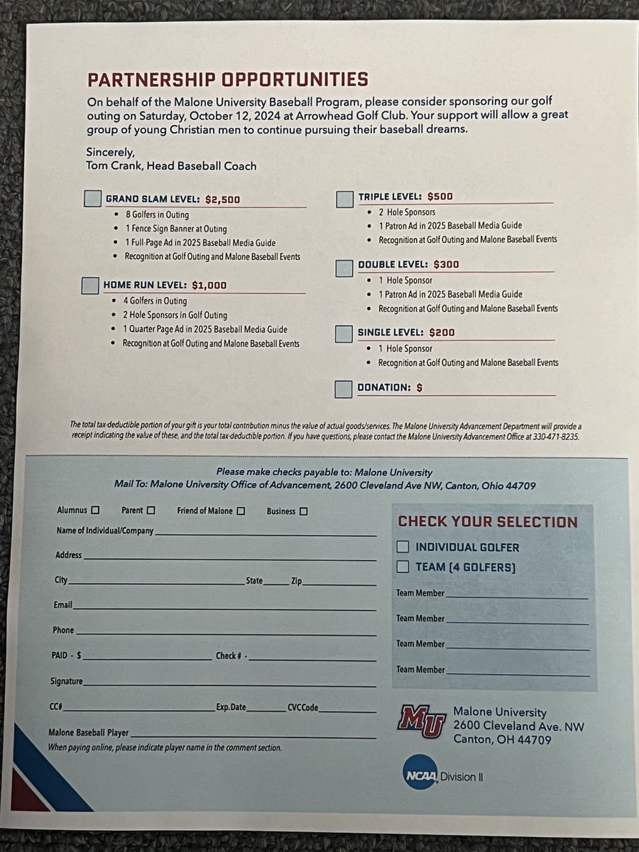 Let us know if you would like to golf in our Malone Baseball Golf Outing or sponsor a hole or be a major sponsor. Help us raise money for our spring trip.
