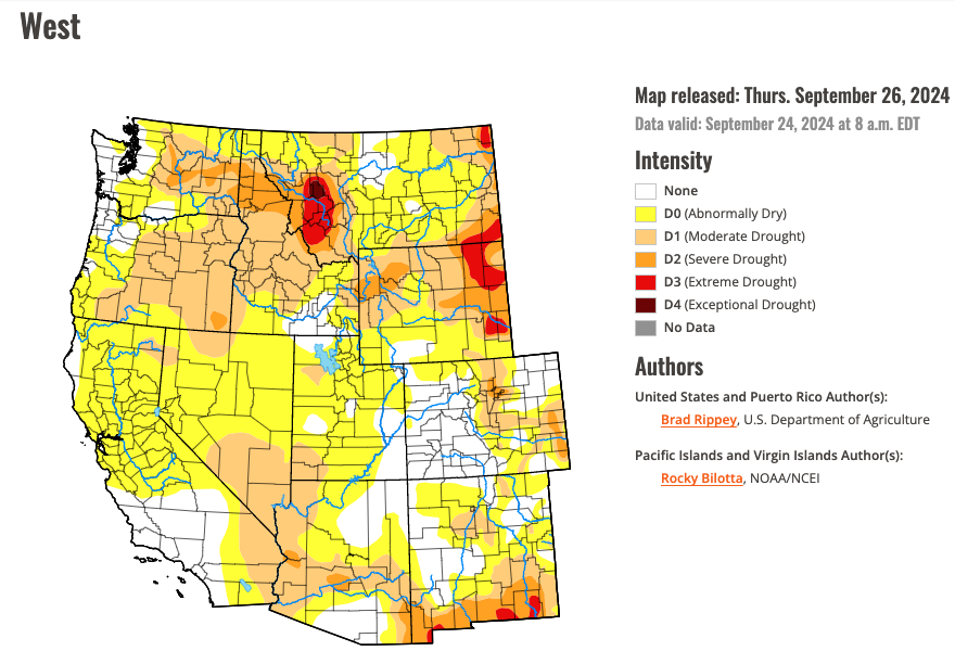 EmilyLyWilliams's tweet photo. While in CA the last few years may have sent drought to the back of our minds, this question of drought recovery might become relevant again this year. It’s starting to look awfully dry over the Western US (USDM image credit), and this current heatwave certainly can’t be helping. https://t.co/bJKohqpsH3