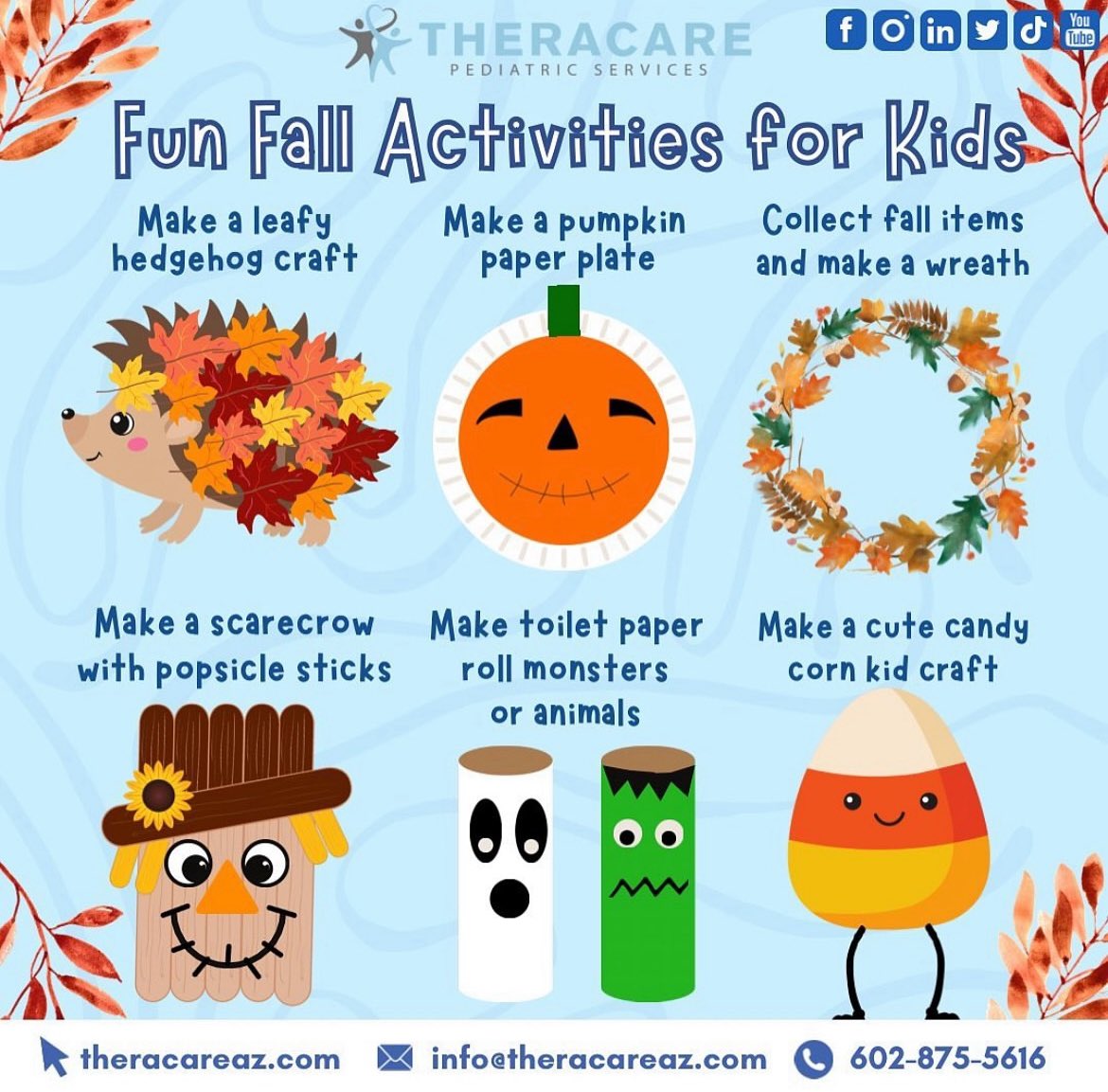 🍁 Looking for fun &amp; festive crafts for your kiddos? Check out our craft ideas! 

• Make a leafy hedgehog 🦔 
• Make a pumpkin paper plate 🎃 
• Make a fall wreath
• Make a scarecrow with popsicle sticks
• Make toilet paper roll animals/monsters 👻 
• Make a candy corn kid