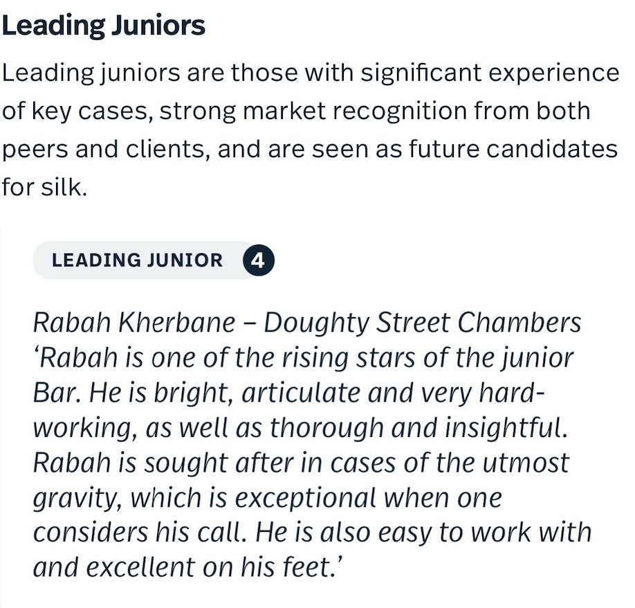 Rabah Kherbane (@rabahkherbane) on Twitter photo A pleasure to be ranked again in this year's <a href="/thelegal500/">The Legal 500</a>, as a leading junior, and thank you to the phenomenal people I work with for being such kind referees.
I will never get tired of saying it is an immense(!) privilege to do this job and to represent the interests of A pleasure to be ranked again in this year's <a href="/thelegal500/">The Legal 500</a>, as a leading junior, and thank you to the phenomenal people I work with for being such kind referees.
I will never get tired of saying it is an immense(!) privilege to do this job and to represent the interests of