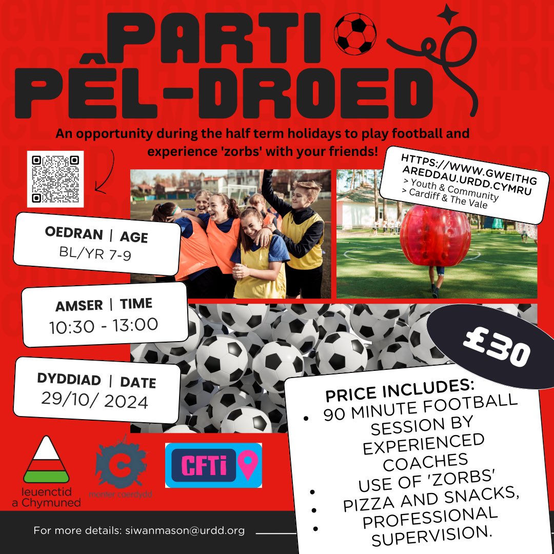 Urdd Caerdydd a'r Fro (@urddcaerdyddfro) on Twitter photo Beth am fentro sesiwn pêl-droed gyda zorbs, cystadlaethau, pitsas a mwy!!
📍Powerleague Cardiff, Eglwys Newydd, CF141RF
🗓️29/10/2024
😎Bl | Yr 7-9
⚽️£30
Linc Archebu: gweithgareddau.urdd.cymru/eventgroup/829…
✉️siwanmason@urdd.org Beth am fentro sesiwn pêl-droed gyda zorbs, cystadlaethau, pitsas a mwy!!
📍Powerleague Cardiff, Eglwys Newydd, CF141RF
🗓️29/10/2024
😎Bl | Yr 7-9
⚽️£30
Linc Archebu: gweithgareddau.urdd.cymru/eventgroup/829…
✉️siwanmason@urdd.org
