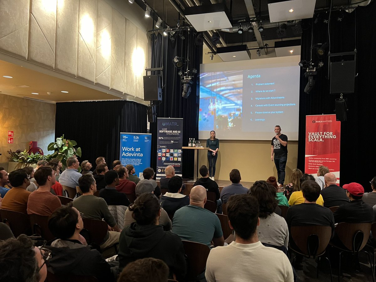 scalaMatters's tweet image. 2nd talk of the night! 🍝👺
Stephanie Cattoir & Leon Weemen - Sr. Software Engineers @ Bynder on “Breaking the Spaghetti Monster: a use case with Event Sourcing and Akka.”