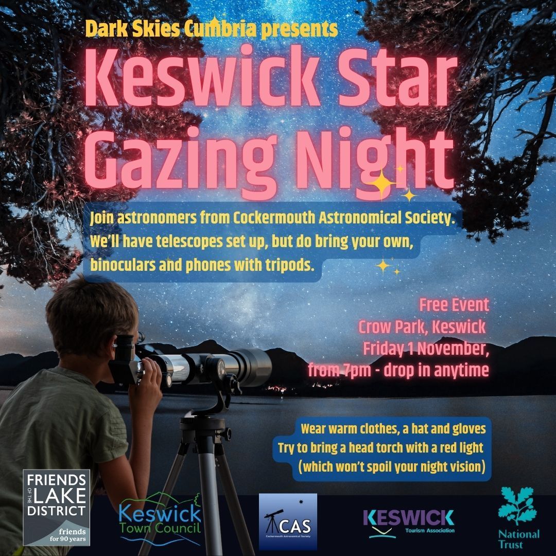 Dark Skies Cumbria presents, Keswick Star Gazing event on Friday 1st November ✨