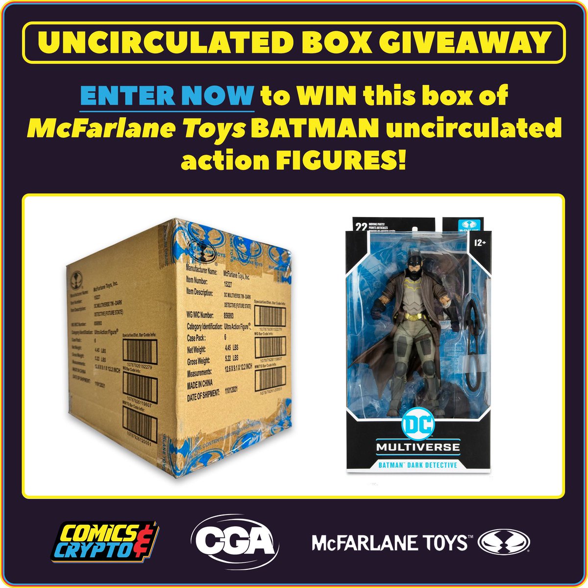 Comics & Crypto (@comicsandcrypto) on Twitter photo 🚨Uncirculated Batman Giveaway🚨
We’re partnering with <a href="/mcfarlanetoys/">McFarlane Toys</a> and <a href="/cgagrading/">Collectible Grading Authority</a> to give away this uncirculated (6 pack) of McFarlane Toys Batman action figures! 
The winner will also receive a coupon code for 25% off grading for all 6 collectibles from CGA! 
To Enter: 🚨Uncirculated Batman Giveaway🚨
We’re partnering with <a href="/mcfarlanetoys/">McFarlane Toys</a> and <a href="/cgagrading/">Collectible Grading Authority</a> to give away this uncirculated (6 pack) of McFarlane Toys Batman action figures! 
The winner will also receive a coupon code for 25% off grading for all 6 collectibles from CGA! 
To Enter: