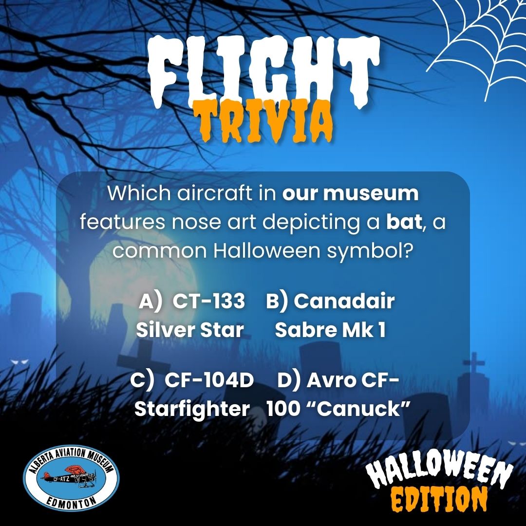 This month, we're turning Flight Trivia into Fright Trivia! Are you brave enough to take on our spooky Halloween edition? 

Here's an easy one to start, comment your answer below !

#FrightTrivia #HalloweenAtTheHangar #TriviaNight #SpookySeason #AlbertaAviationMuseum