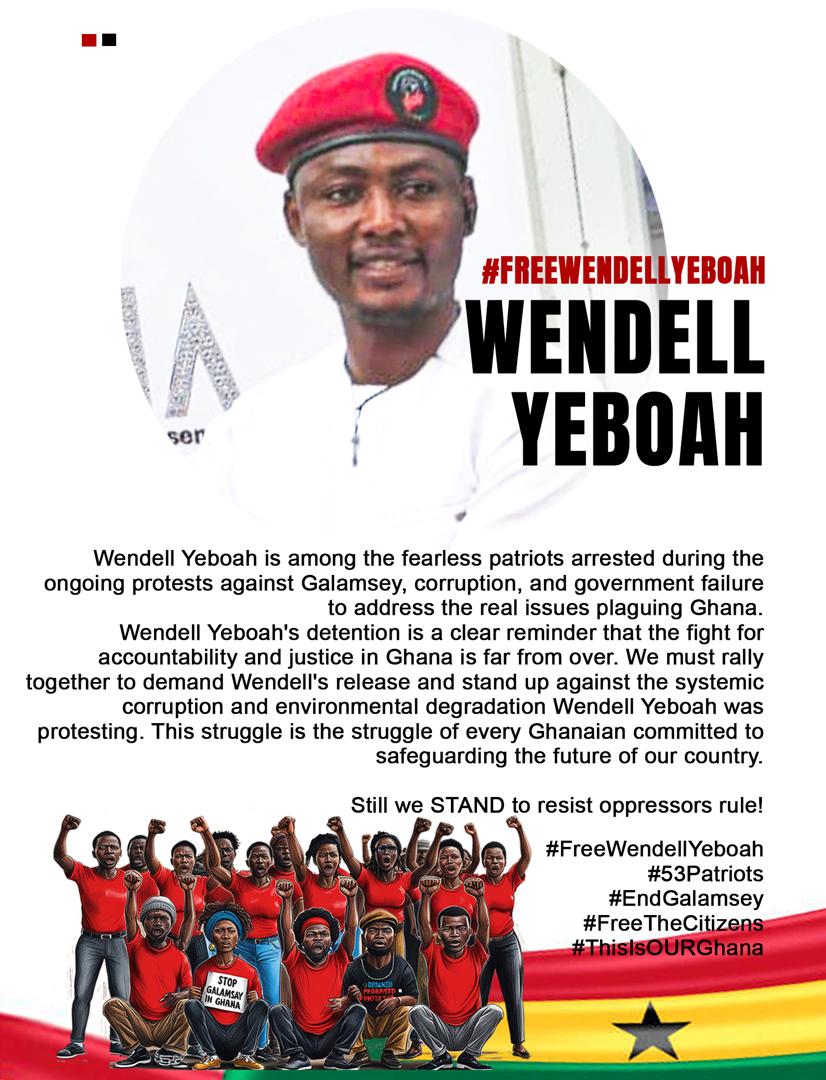 EFLFighters's tweet photo. Wendell Yeboah is among the fearless patriots arrested during the ongoing protests against Galamsey, corruption, and government failure to address the real issues plaguing Ghana. 
Wendell Yeboah's detention is a clear reminder that the fight for accountability and justice in Ghana is far from over. We must rally together to demand Wendell's release and stand up against the systemic corruption and environmental degradation Wendell Yeboah was protesting. This struggle is the struggle of every Ghanaian committed to safeguarding the future of our country.

Still we STAND to resist oppressors rule! 

#FreeWendellYeboah
#53Patriots
#EndGalamsey
#FreeTheCitizens
#ThisIsOURGhana