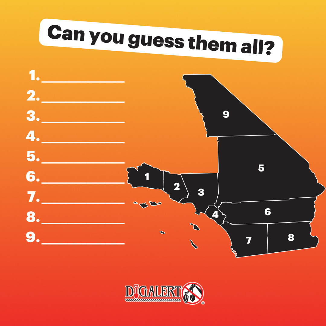 DigAlert's tweet image. DigAlert® is proud to serve 9 Southern California counties. Can you name them all? 

No cheating!

#ContactDigAlert