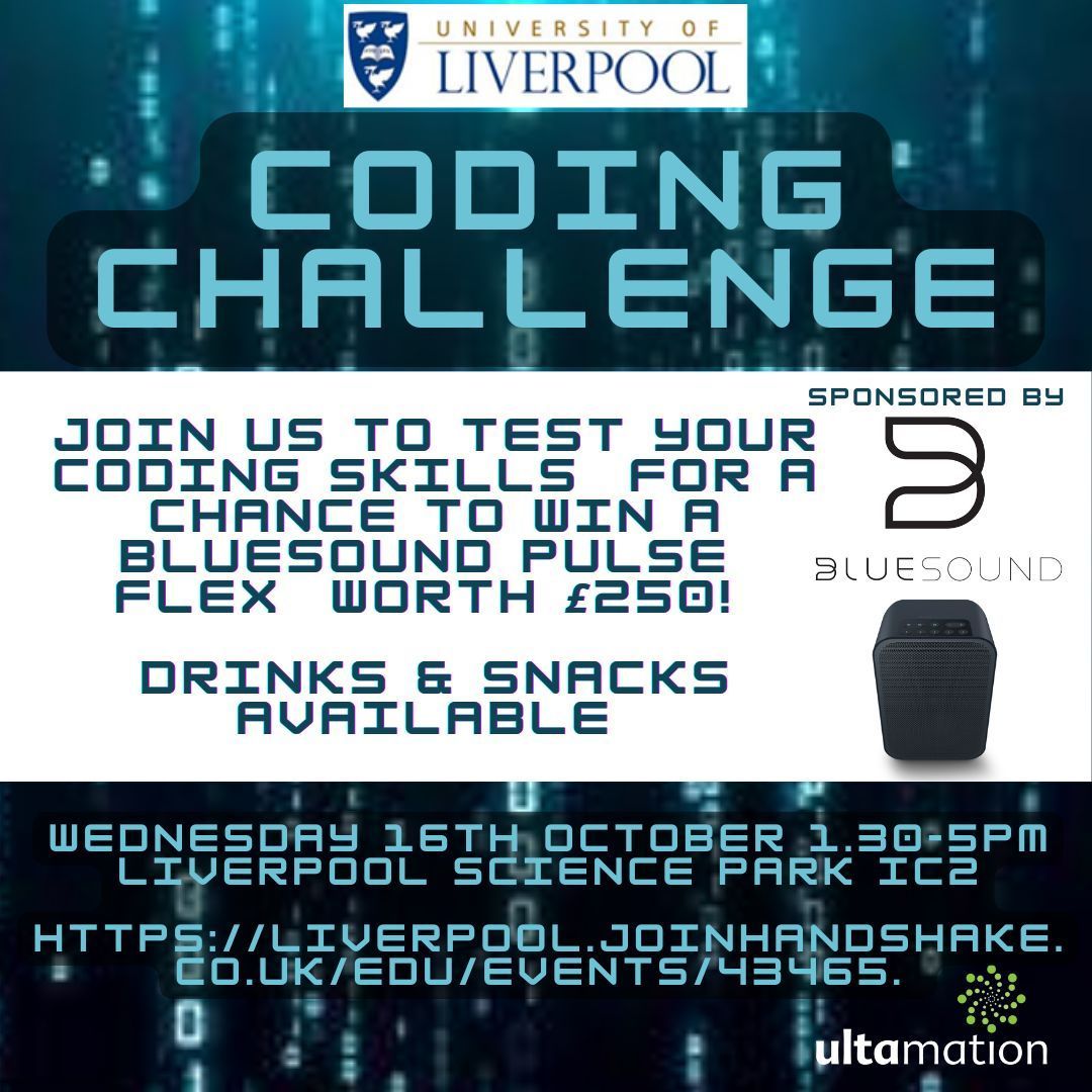 Ultamation Ltd. (@ultamation) on Twitter photo Places are filling up so if you fancy winning a <a href="/bluesoundhifi/">Bluesound</a> Pulse Flex and you're studying <a href="/LivUniEEE/">Liverpool Uni EEE</a> <a href="/LivUni/">University of Liverpool</a>_CompSc then book your spot buff.ly/4gAte3U
<a href="/livunicareers/">Careers & Employability, University of Liverpool</a> @LivUni <a href="/LivUniWiSE/">LivUniWiSE</a> <a href="/Sciontec/">Sciontec Developments Limited</a>
#avtweeps #hackathon Places are filling up so if you fancy winning a <a href="/bluesoundhifi/">Bluesound</a> Pulse Flex and you're studying <a href="/LivUniEEE/">Liverpool Uni EEE</a> <a href="/LivUni/">University of Liverpool</a>_CompSc then book your spot buff.ly/4gAte3U
<a href="/livunicareers/">Careers & Employability, University of Liverpool</a> @LivUni <a href="/LivUniWiSE/">LivUniWiSE</a> <a href="/Sciontec/">Sciontec Developments Limited</a>
#avtweeps #hackathon