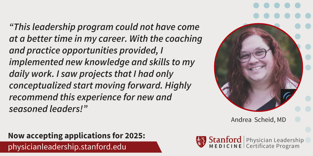 Elevate your career w/ Stanford's #PhysicianLeadership Certificate Program!

Learn key leadership skills, gain access to professional coaching &amp; connect with peers w/ our virtual program. #HealthcareLeadership #CME #MedEd

Apply now for the 2025 cohort: physicianleadership.stanford.edu